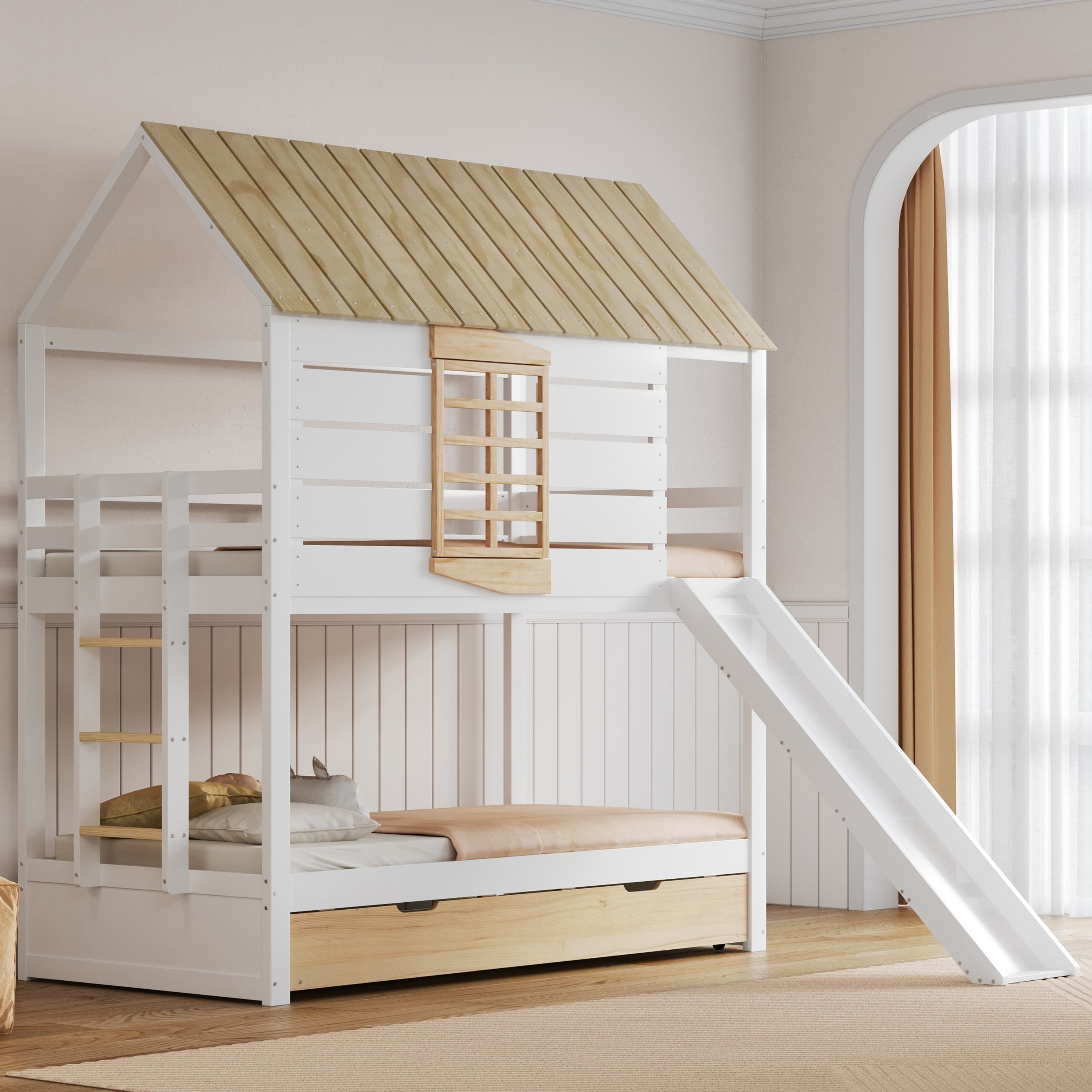 Lit superposé 90x200 avec toboggan et lit escamotable, 4 colis, à monter soi-même