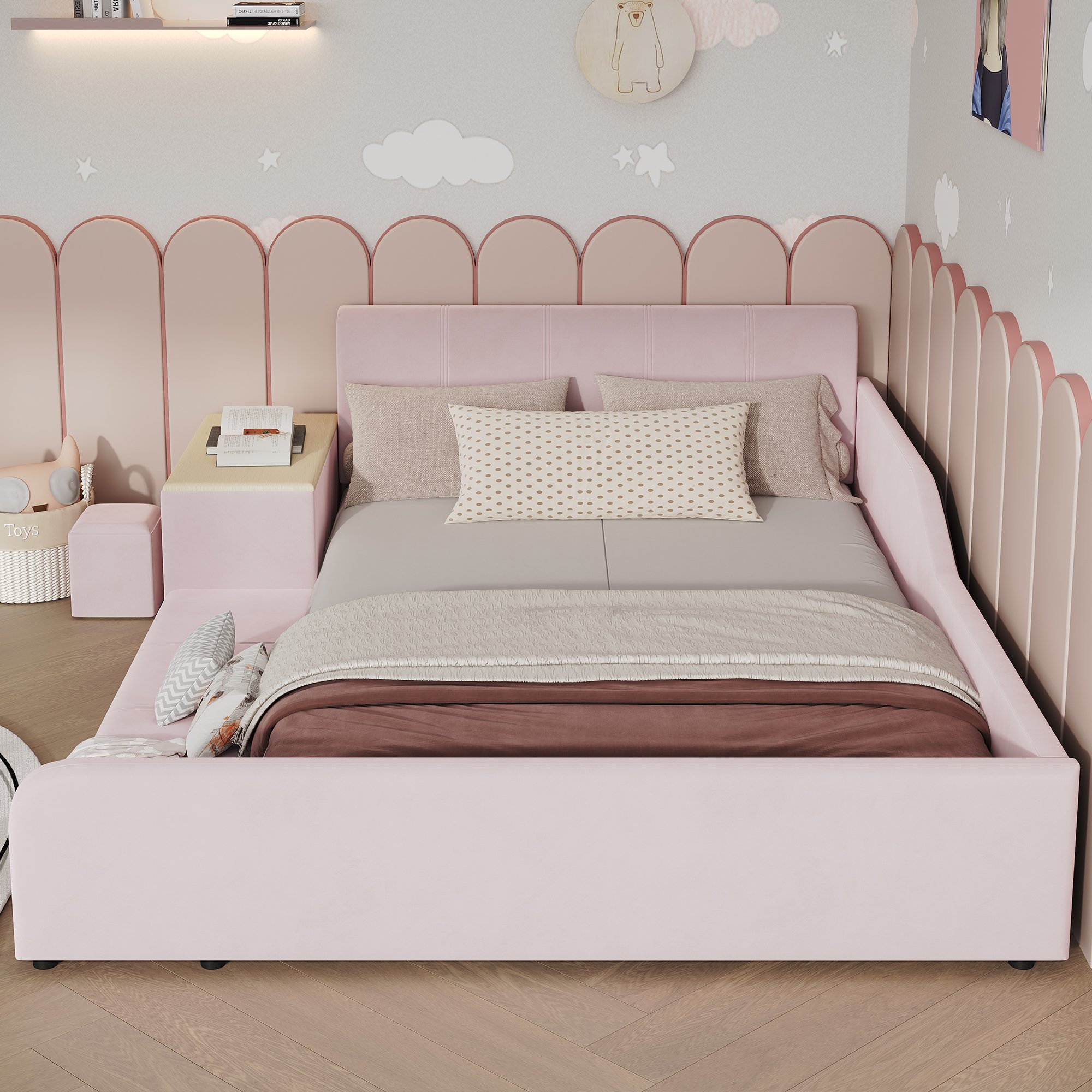 Lit enfant avec bureau et tabouret, 140x200 cm, velours rose, avec rangement et sommier à lattes