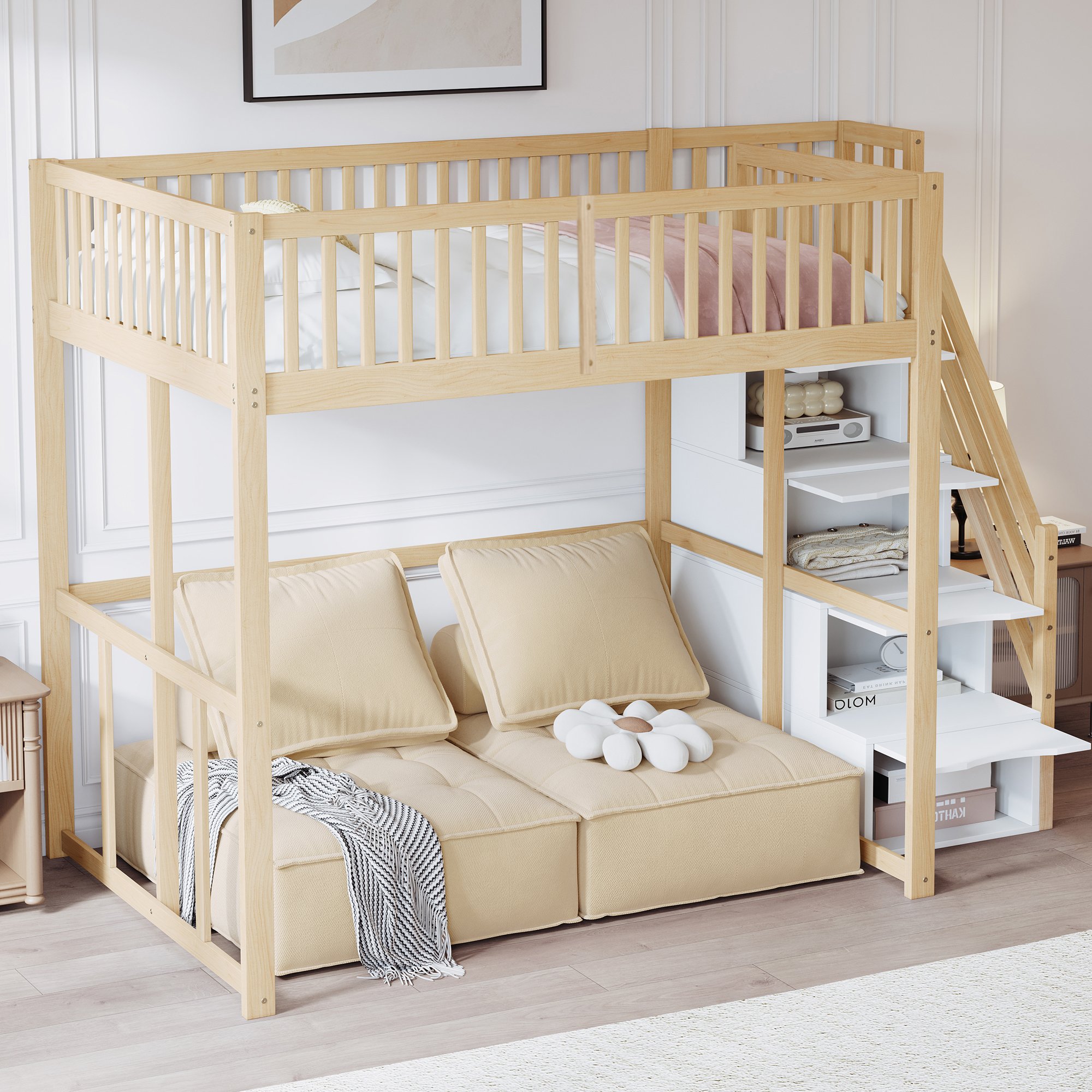 Lit mezzanine 140x200 pour enfant et adulte, avec échelle de rangement et barrière de sécurité