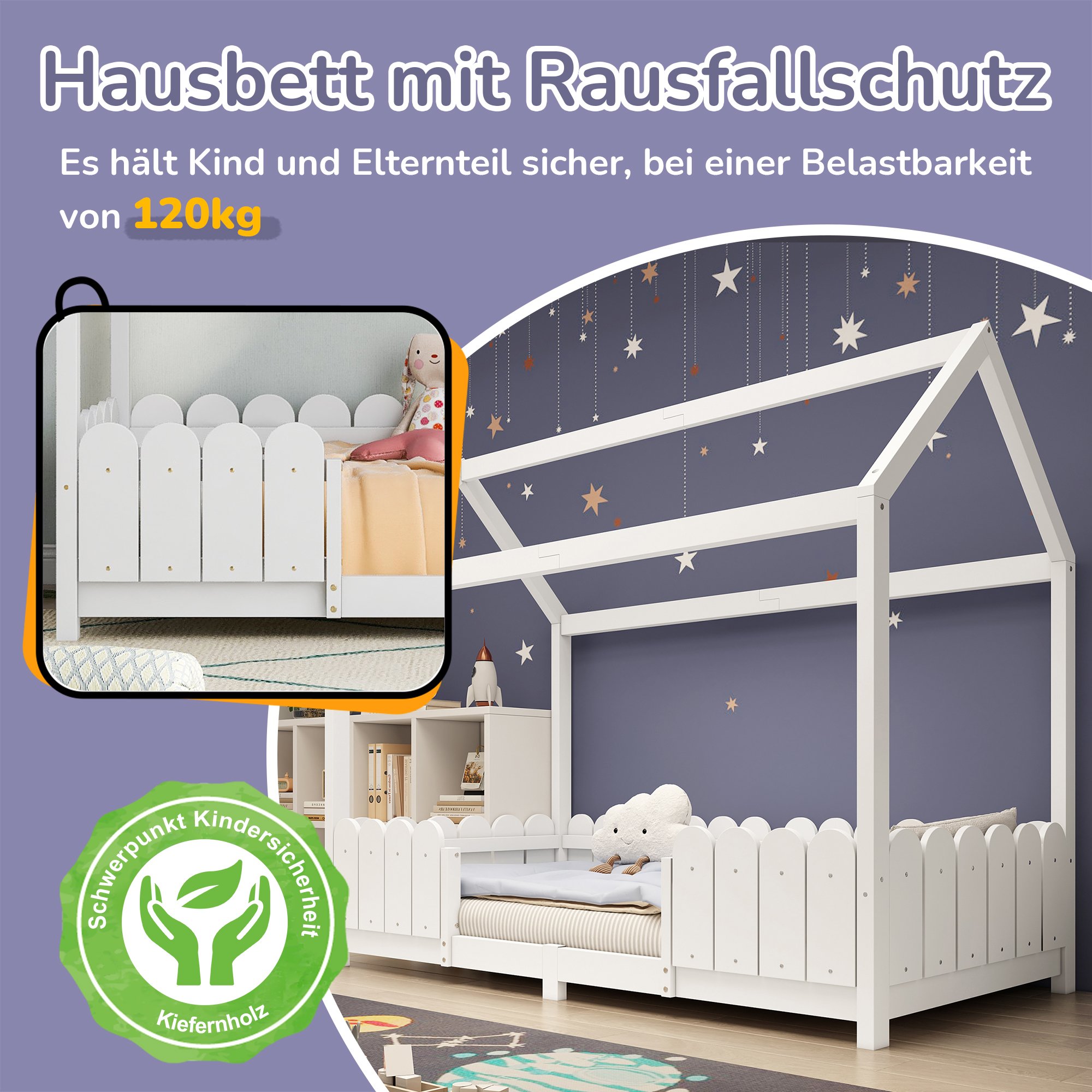 lit cabane enfant 90x200 blanc avec barrière de sécurité et sommier à lattes bois massif pour chambre