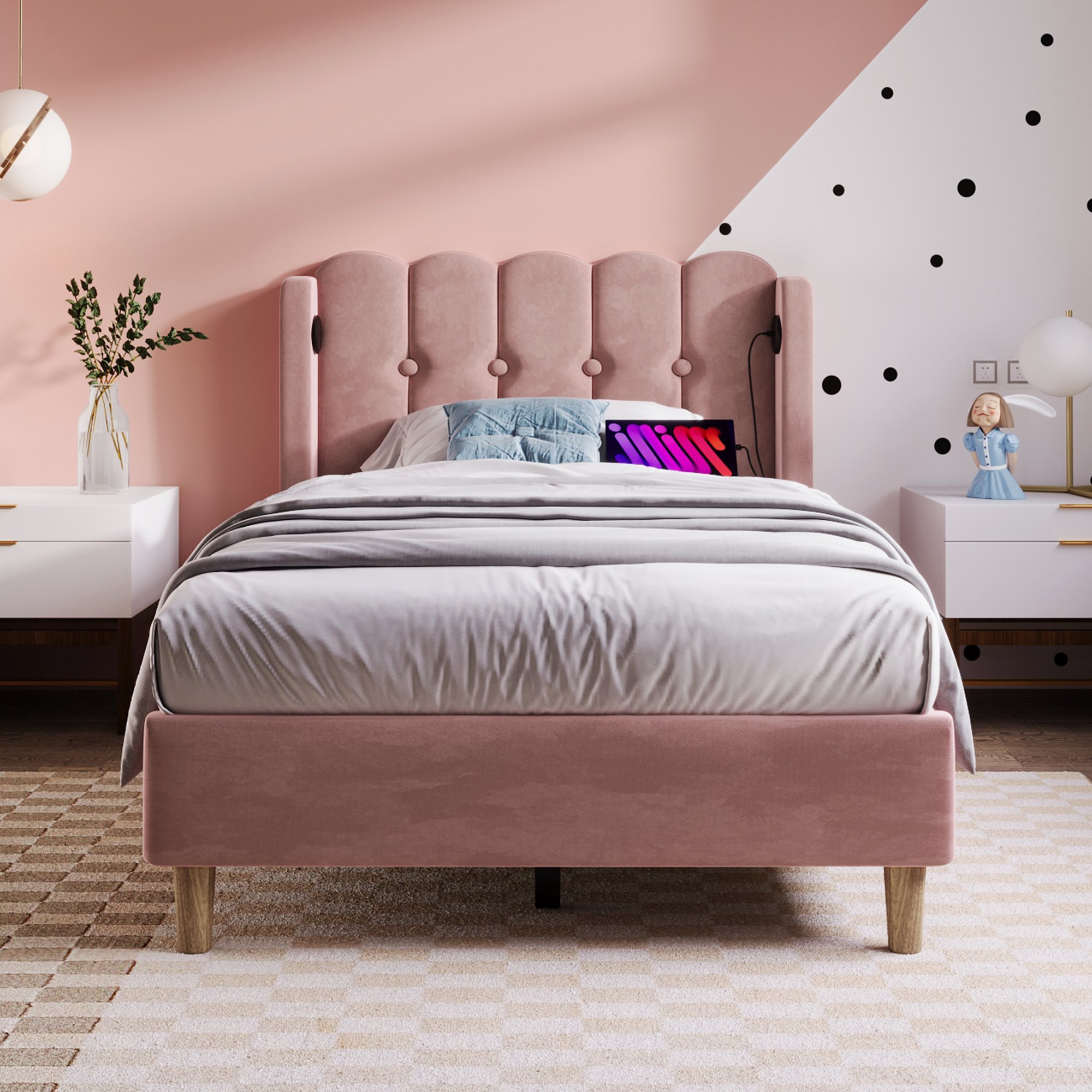 Lit rembourré 90x200 cm en velours rose avec sommier à lattes et ports USB Type-C, tête de lit capitonnée design pour chambre