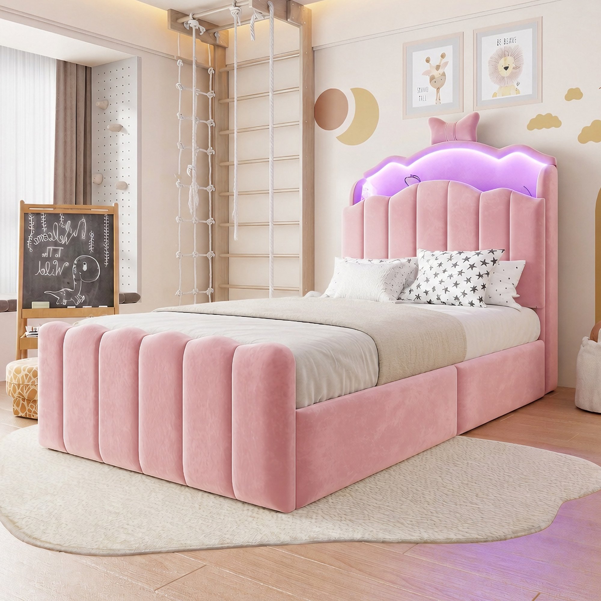 Lit coffre enfant 90x200 velours rose avec rangement hydraulique, LED et ports USB