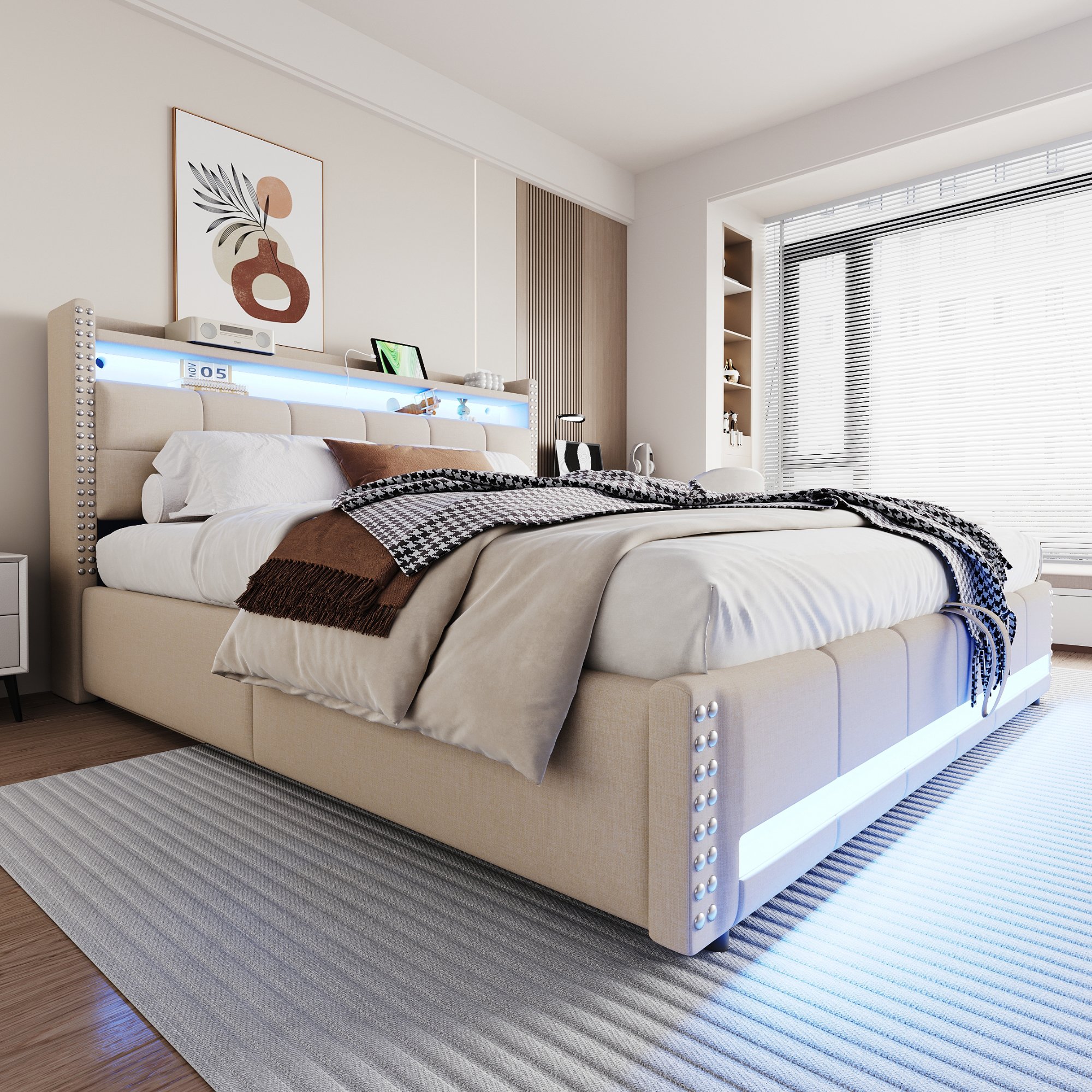 Lit coffre 180x200 avec tête de lit rangement, LED et USB, beige