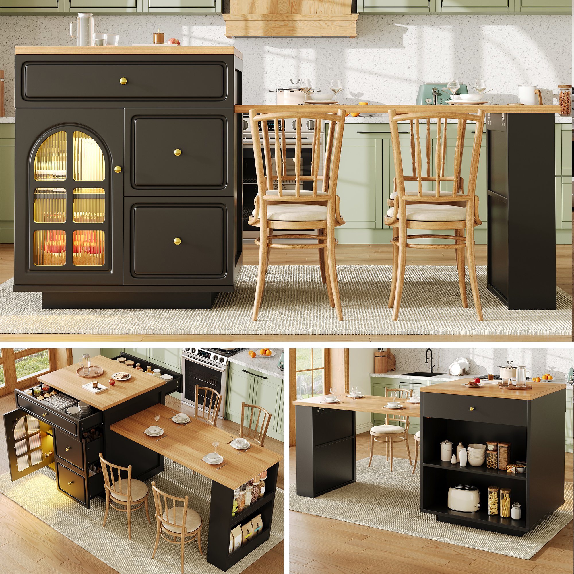 Îlot de cuisine extensible 122,5-195,5 cm, noir, avec tiroirs, LED RGB et vitrine, pour cuisine et bar, Panneau composite de fibres de bois à densité et métal