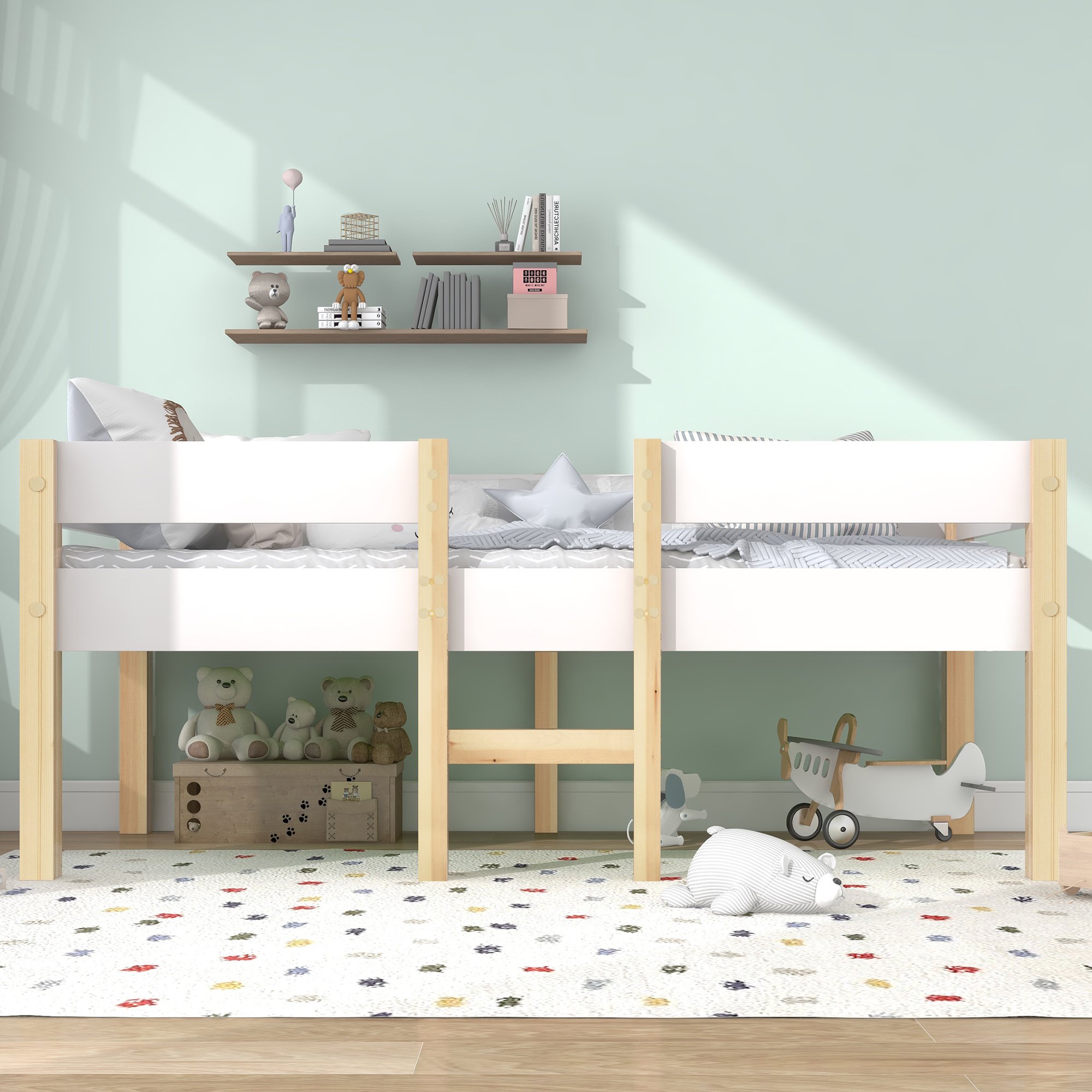 Lit mezzanine enfant 90x200 pin massif blanc avec barrière de sécurité et échelle, lit mi-hauteur avec sommier à lattes