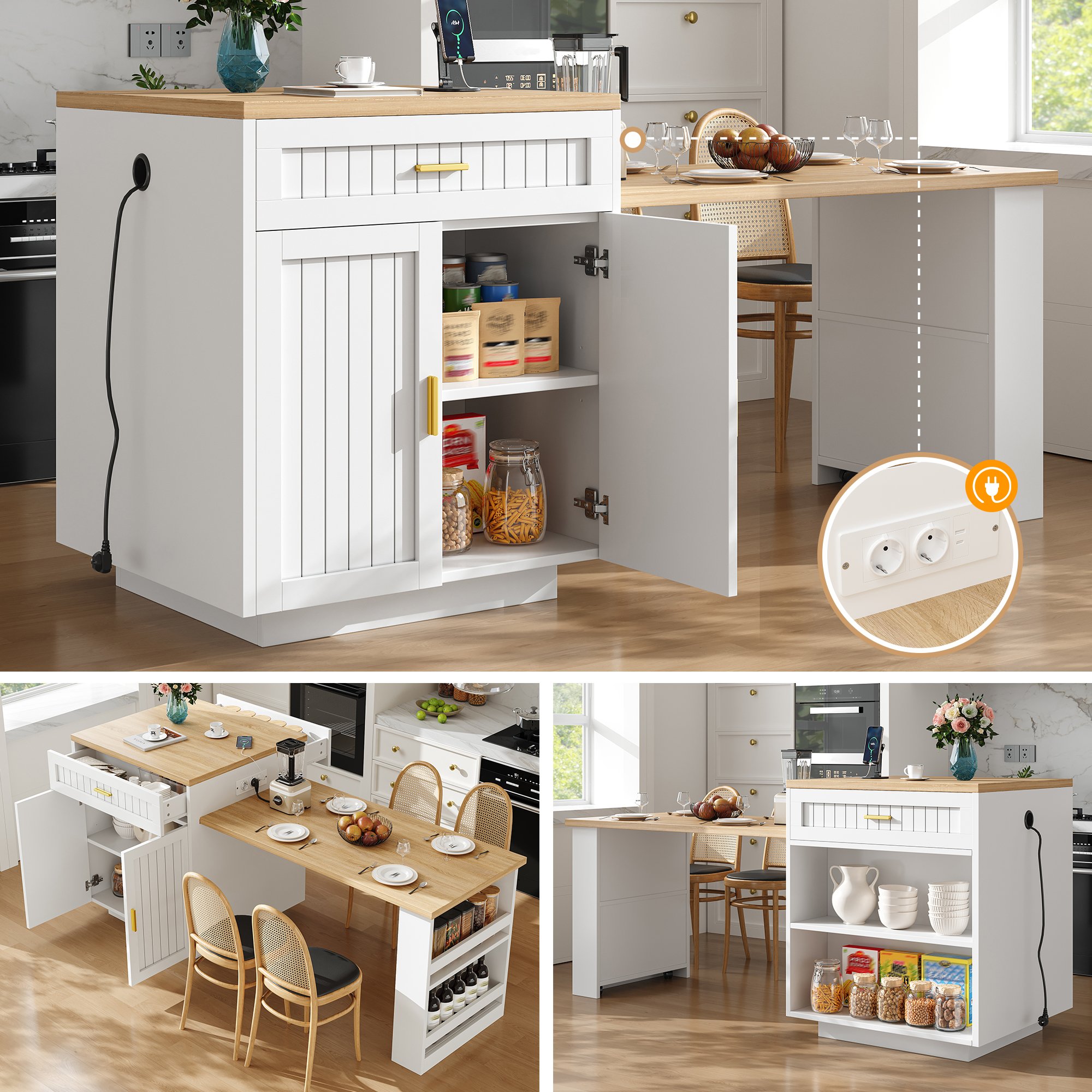 Îlot de cuisine avec table intégrée, extensible, blanc, prise intégrée, rangement, portes cannelées, 121,5-192 cm