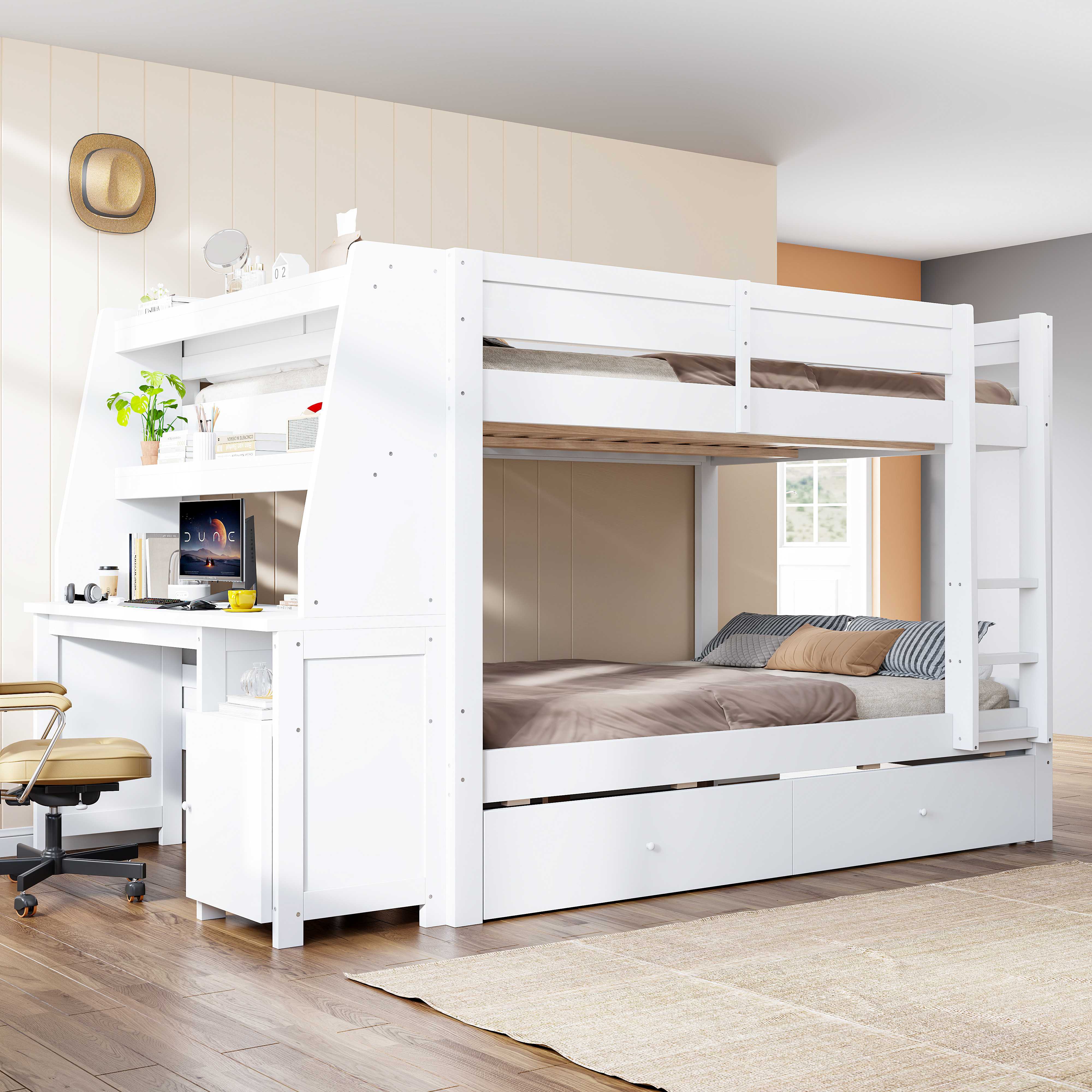 Lit superposé 140x200 blanc avec rangement, bureau et échelle - Bois pin et métal