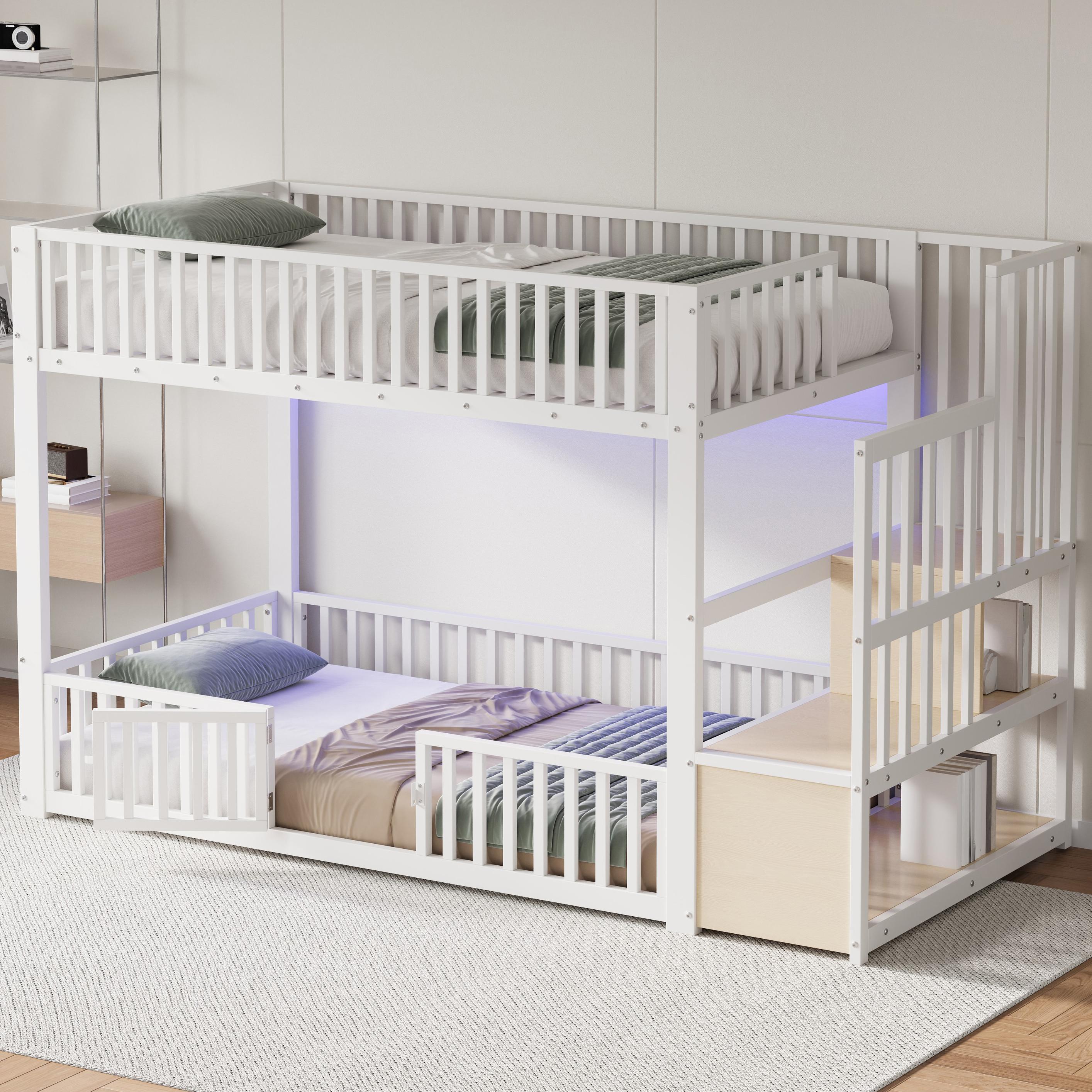 Lit superposé 90x200 avec échelle de rangement, LED, blanc, pour enfants