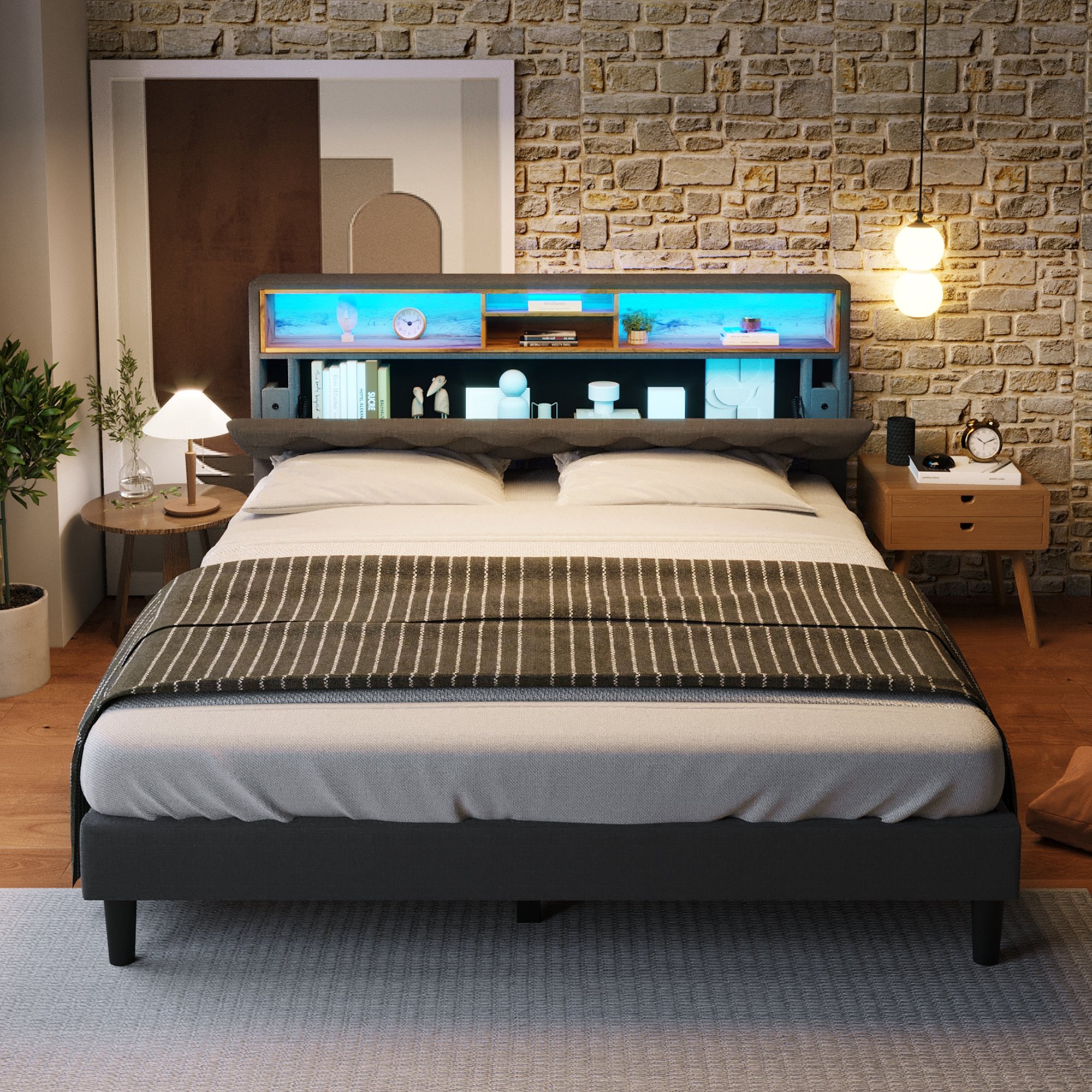 lit coffre double 140x200 avec rangement tête de lit rembourrée et LED musicale intégrée gris bois massif