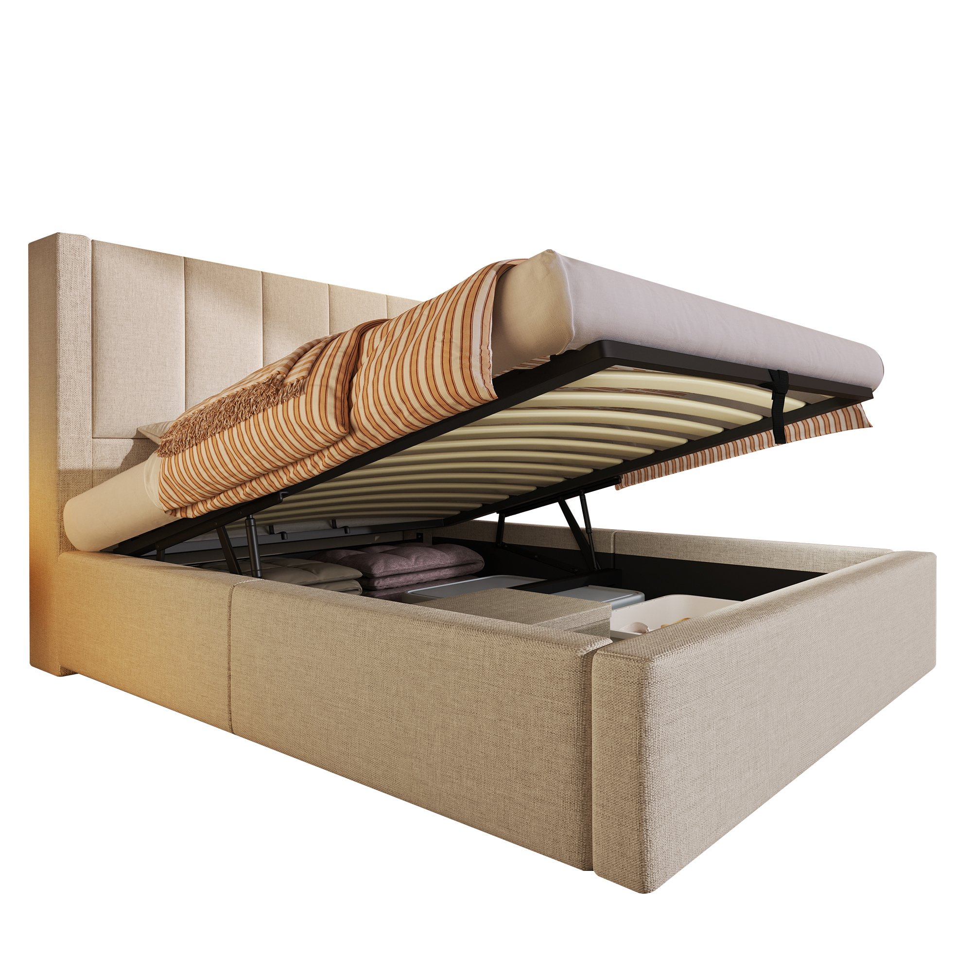 lit coffre 90x200 avec station de charge USB et Type-C, porte-gobelet caché, rangement hydraulique sous le lit beige en lin