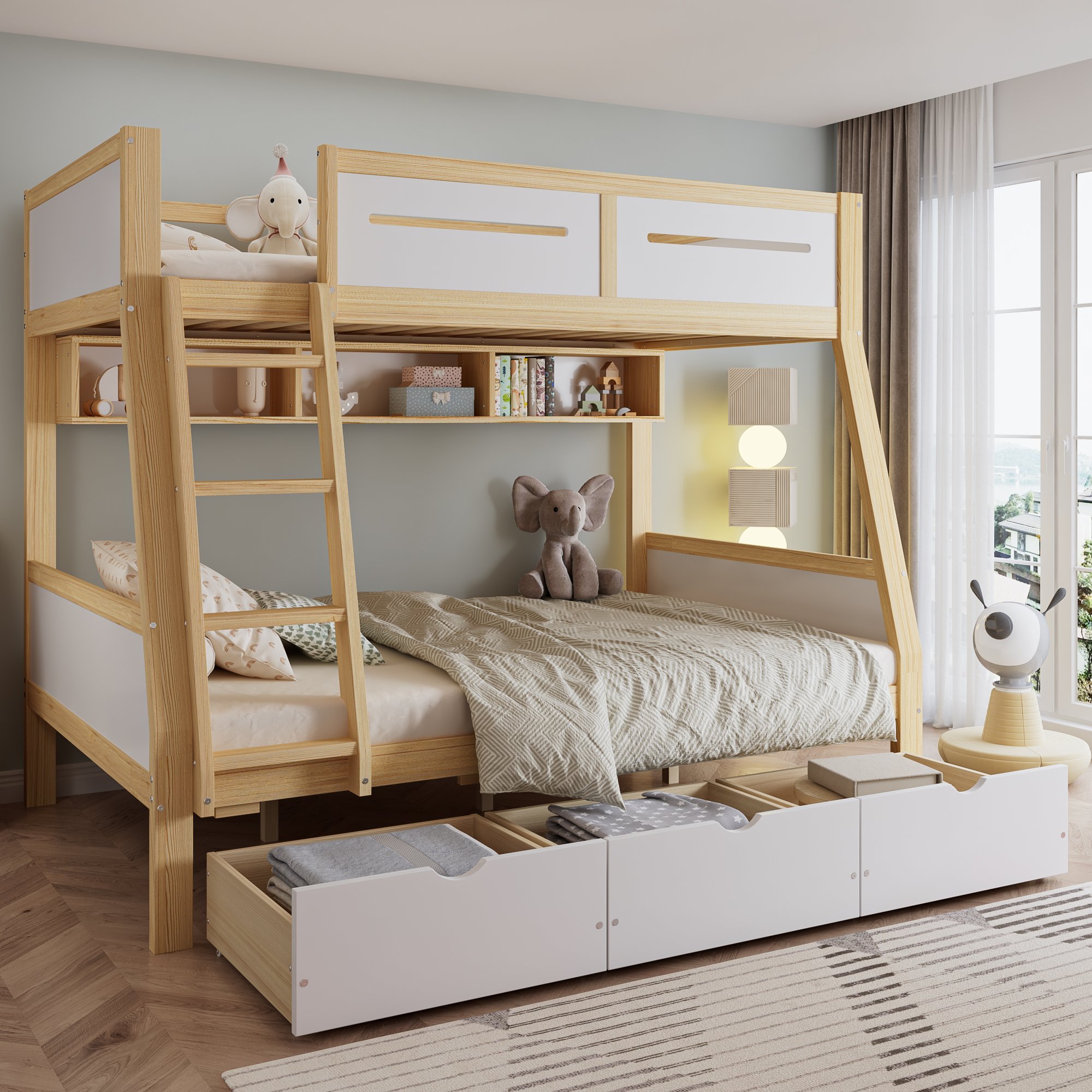 Lit superposé enfant 90x200 et 120x200 en pin blanc et naturel avec rangements et échelle