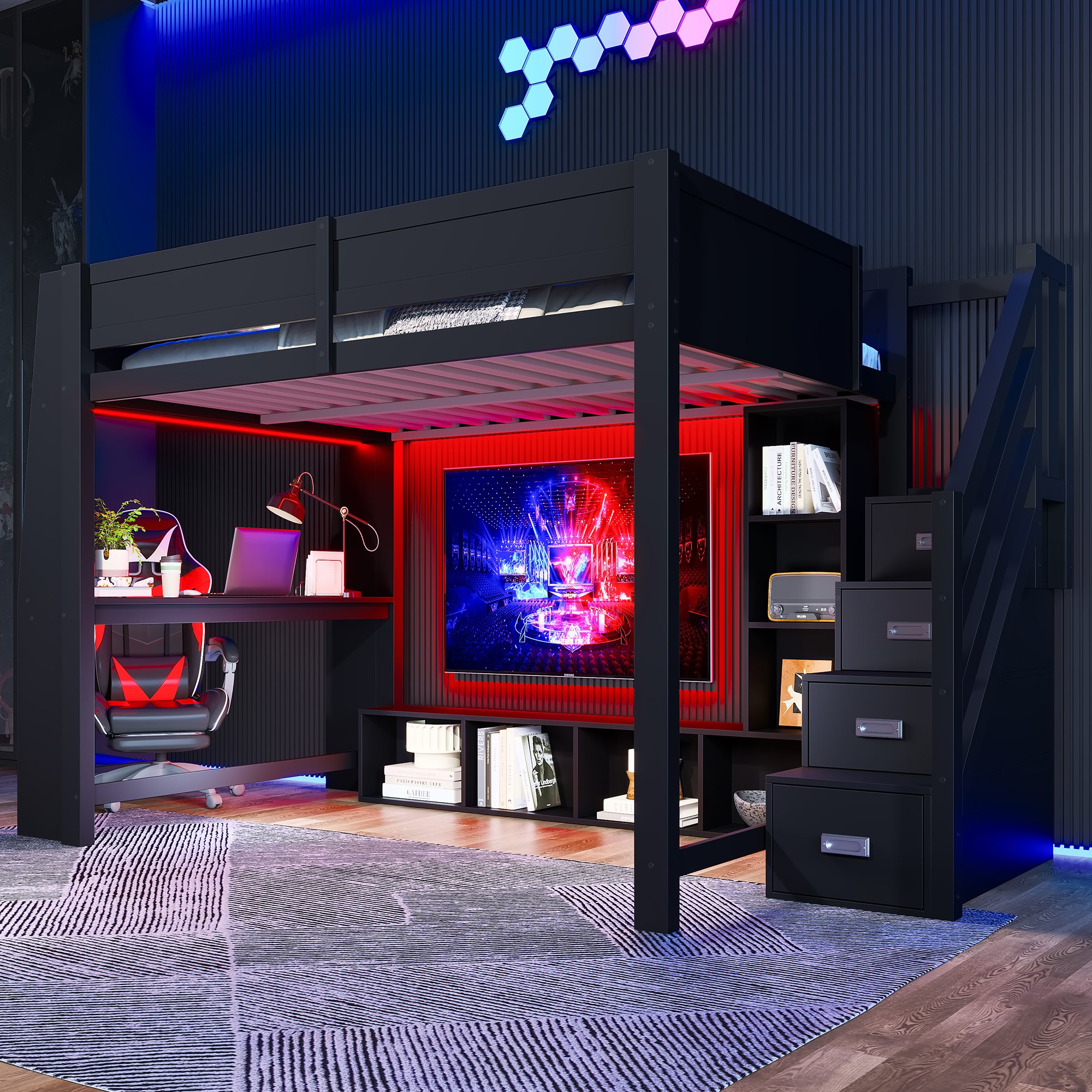 Lit mezzanine 140x200 avec bureau, rangements et LED, escalier avec rangement, noir