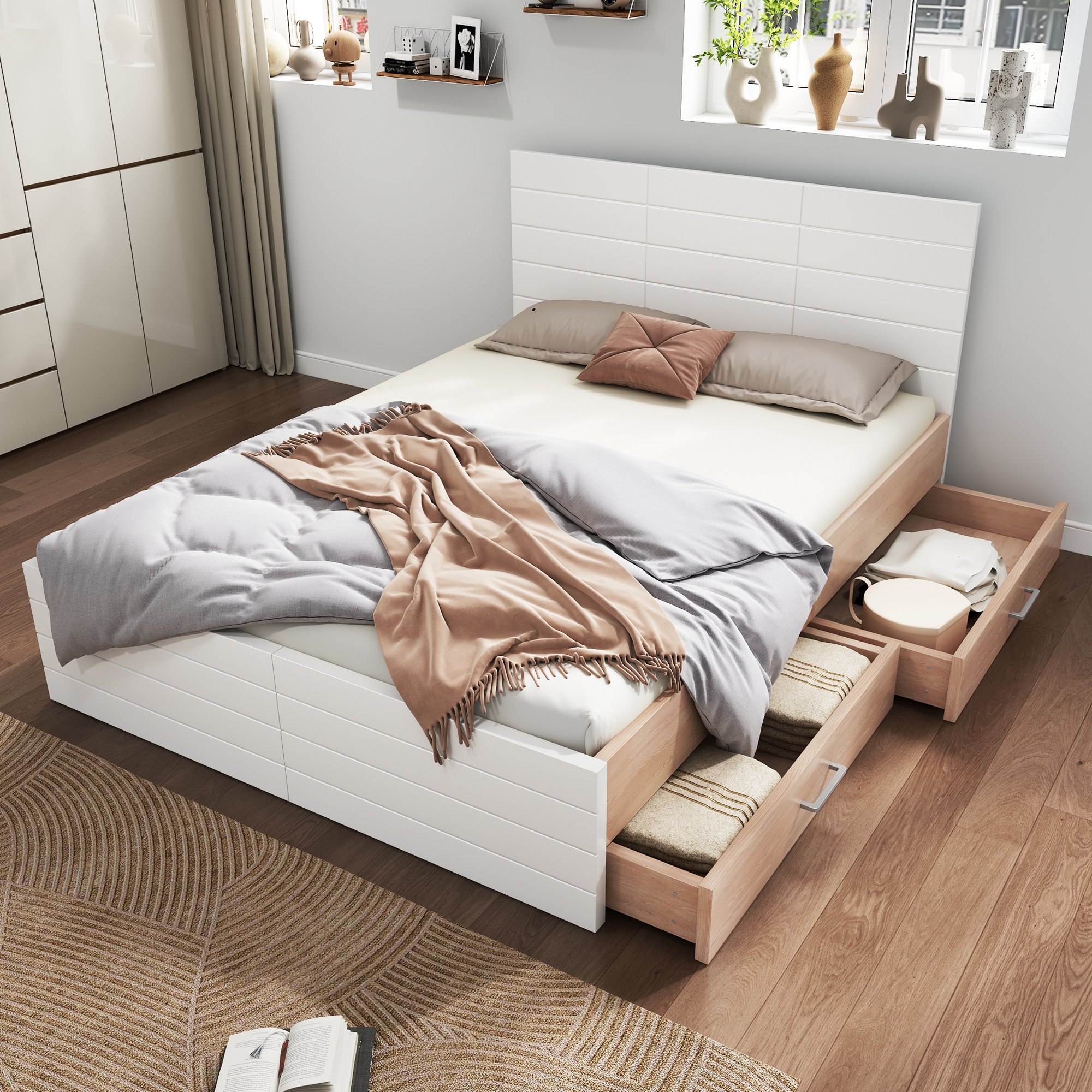 Lit double 160x200 avec sommier à lattes, lit coffre blanc chêne clair avec 2 tiroirs et rangement sous le matelas