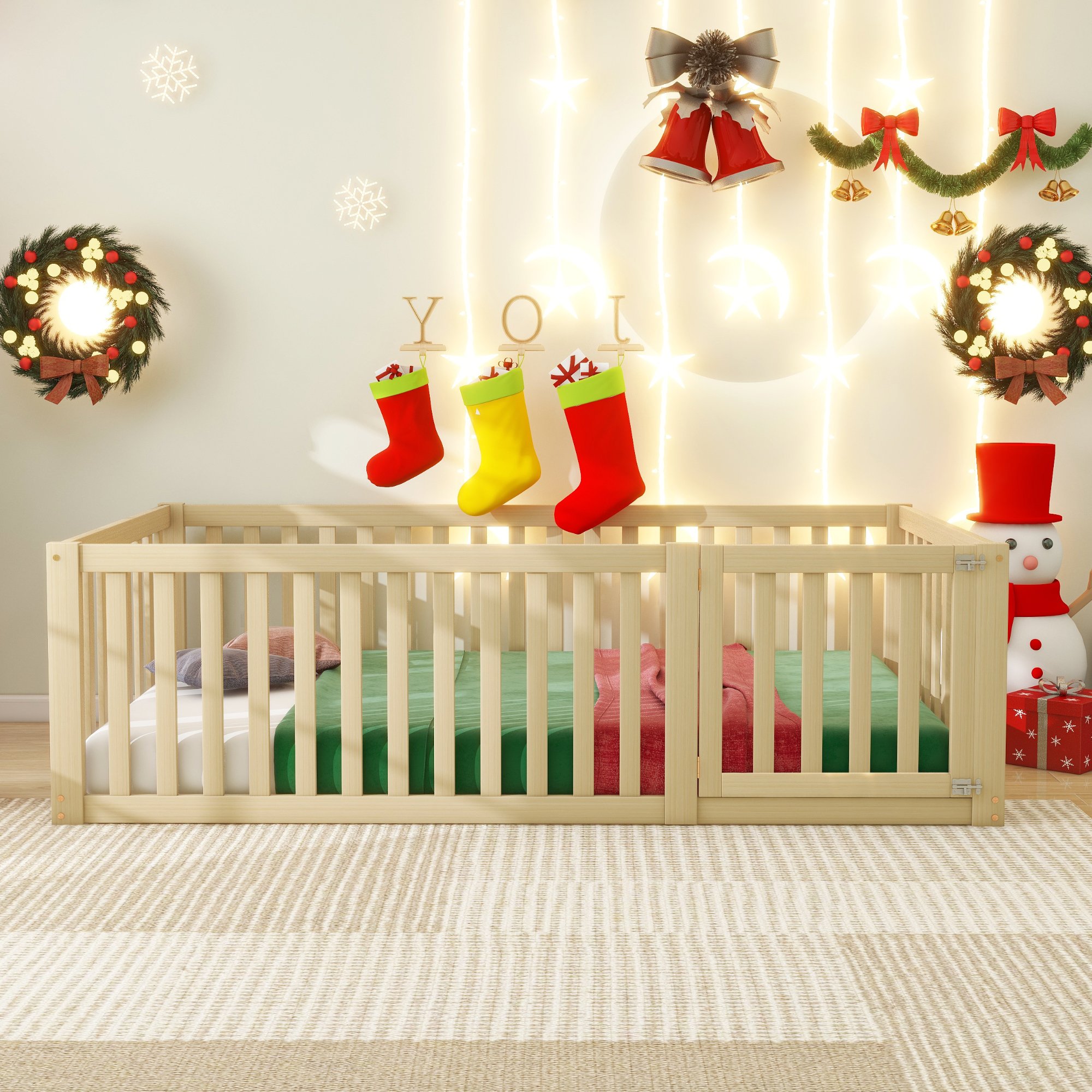 Lit enfant 90x200 en bois massif avec porte et barrière, à monter soi-même, pour chambre d'enfant