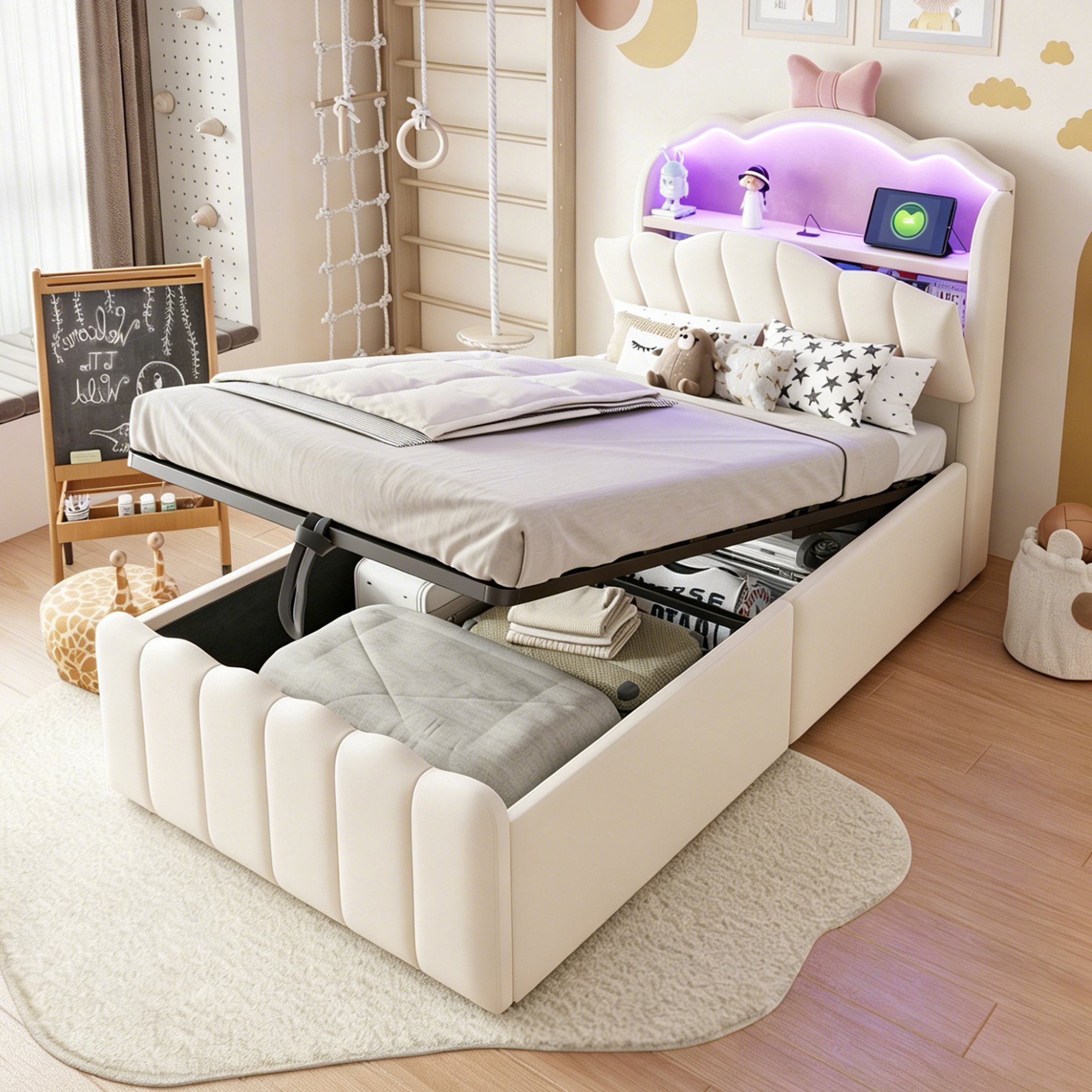 Lit coffre enfant en velours beige, structure métal et Panneau composite de fibres de bois à densité, 90x200, avec rangement hydraulique