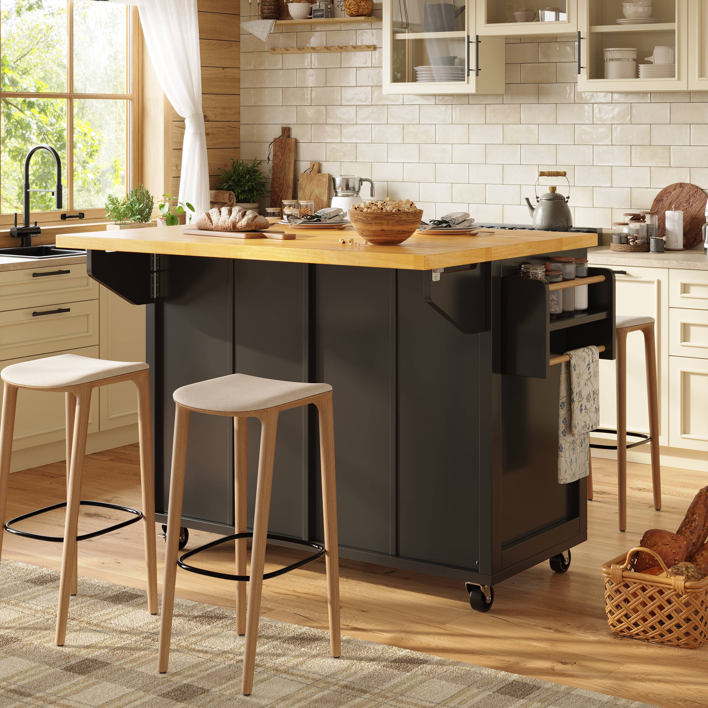 Îlot de cuisine noir avec rangement, plan de travail extensible, roulettes avec freins, étagères réglables, en Panneau composite de fibres de bois à densité, pour cuisine et salle à manger