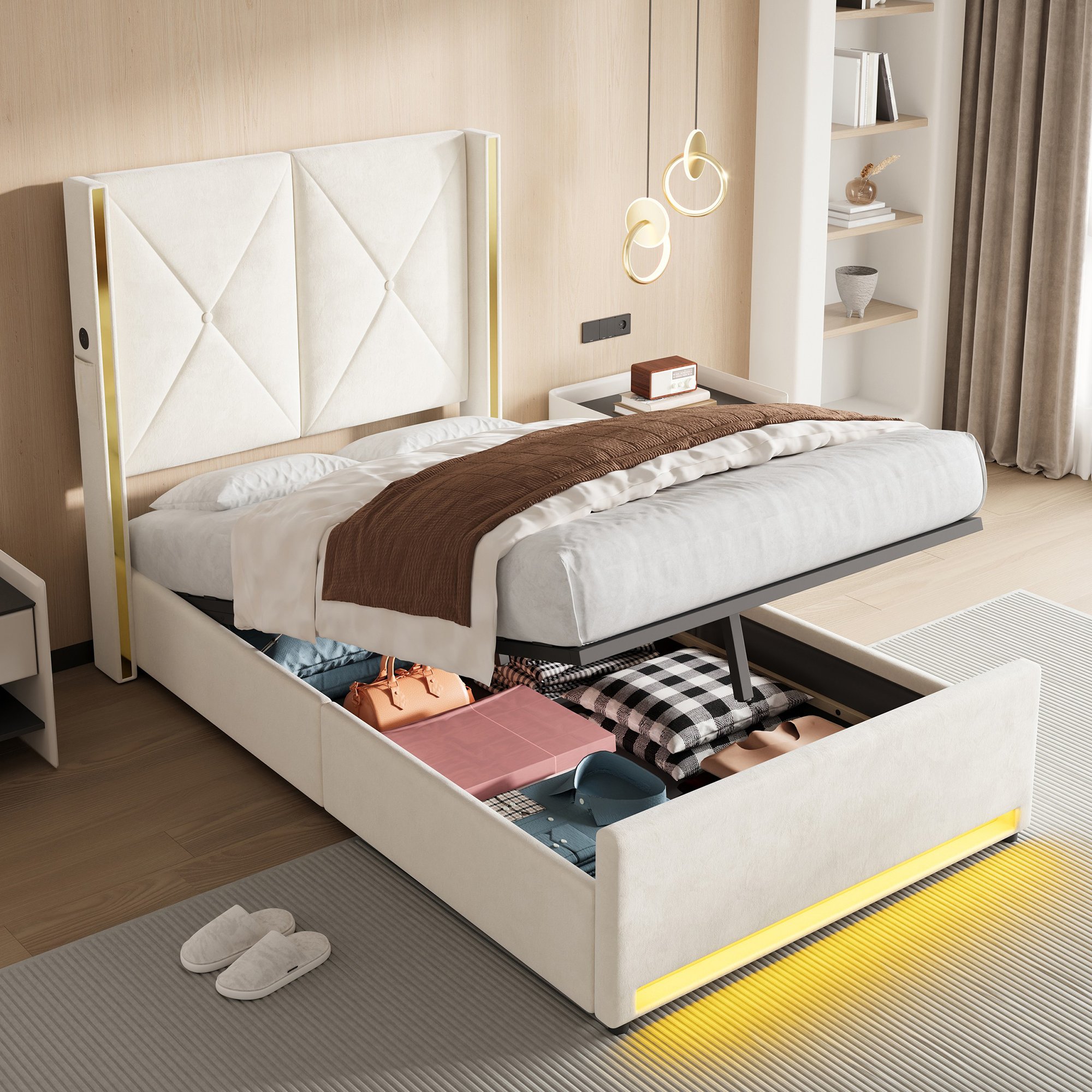 Lit coffre 90x200 en velours beige, structure métallique, sommier à lattes, avec rangement hydraulique et LED