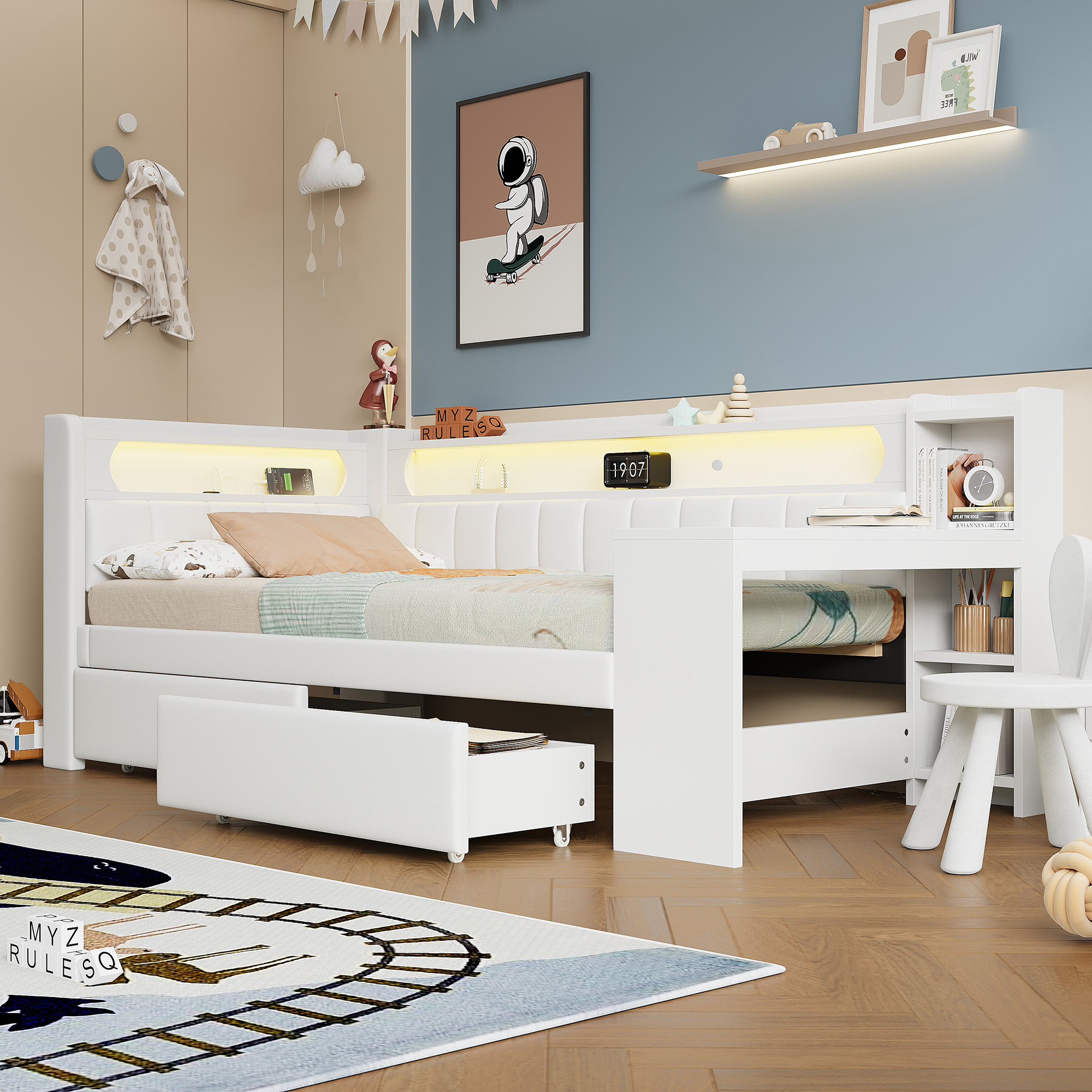 Lit coffre 90x200 avec LED 7 couleurs et ports USB, bureau intégré et rangements
