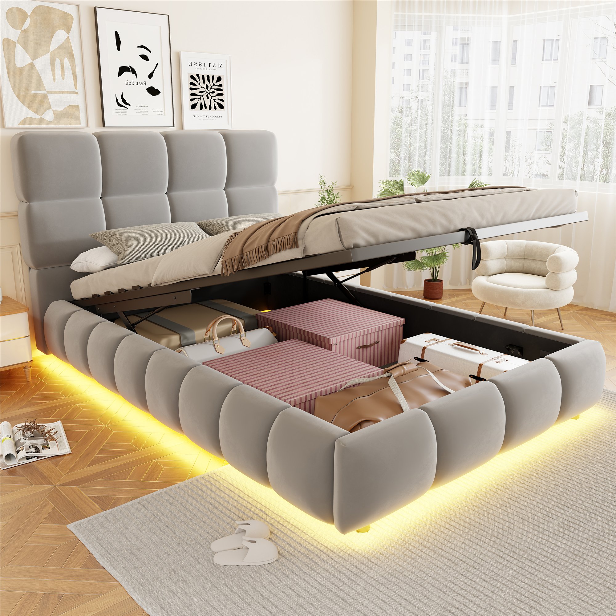 Lit coffre 90x200 en velours gris avec LED et rangement hydraulique, sommier à lattes inclus