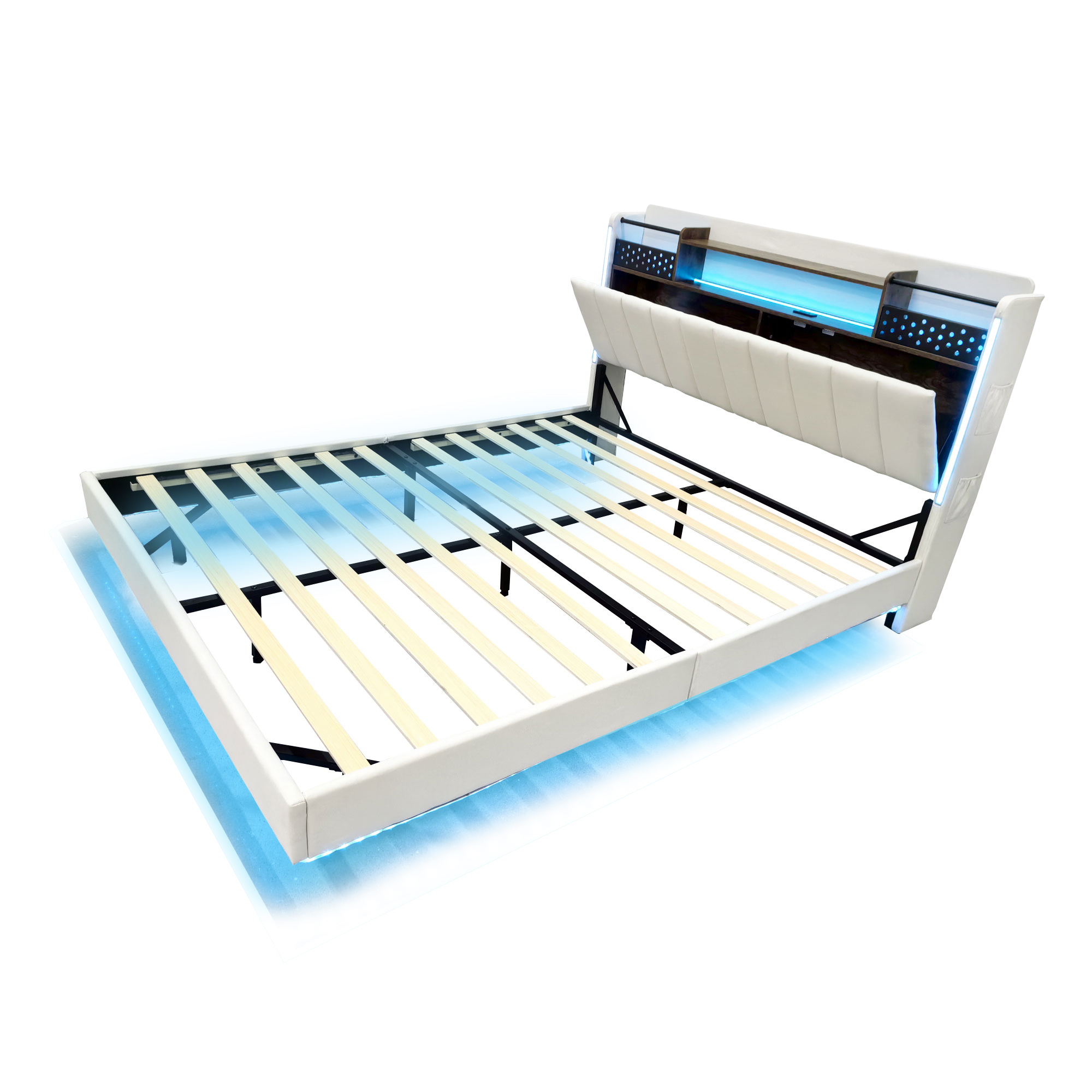 Lit coffre 140x200 en lin beige avec LED, USB et rangement intégré