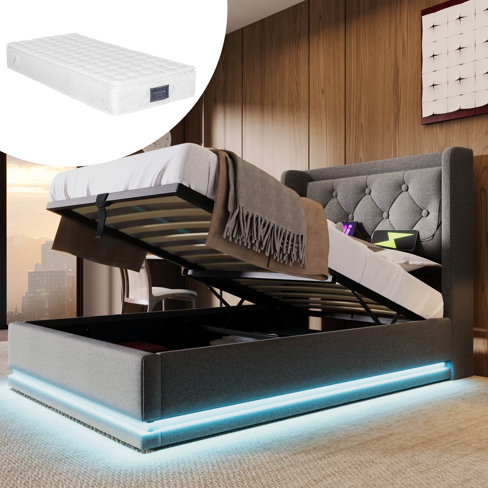 lit coffre 90x200 avec matelas, design contemporain gris, tête de lit capitonnée avec USB et éclairage LED latéral