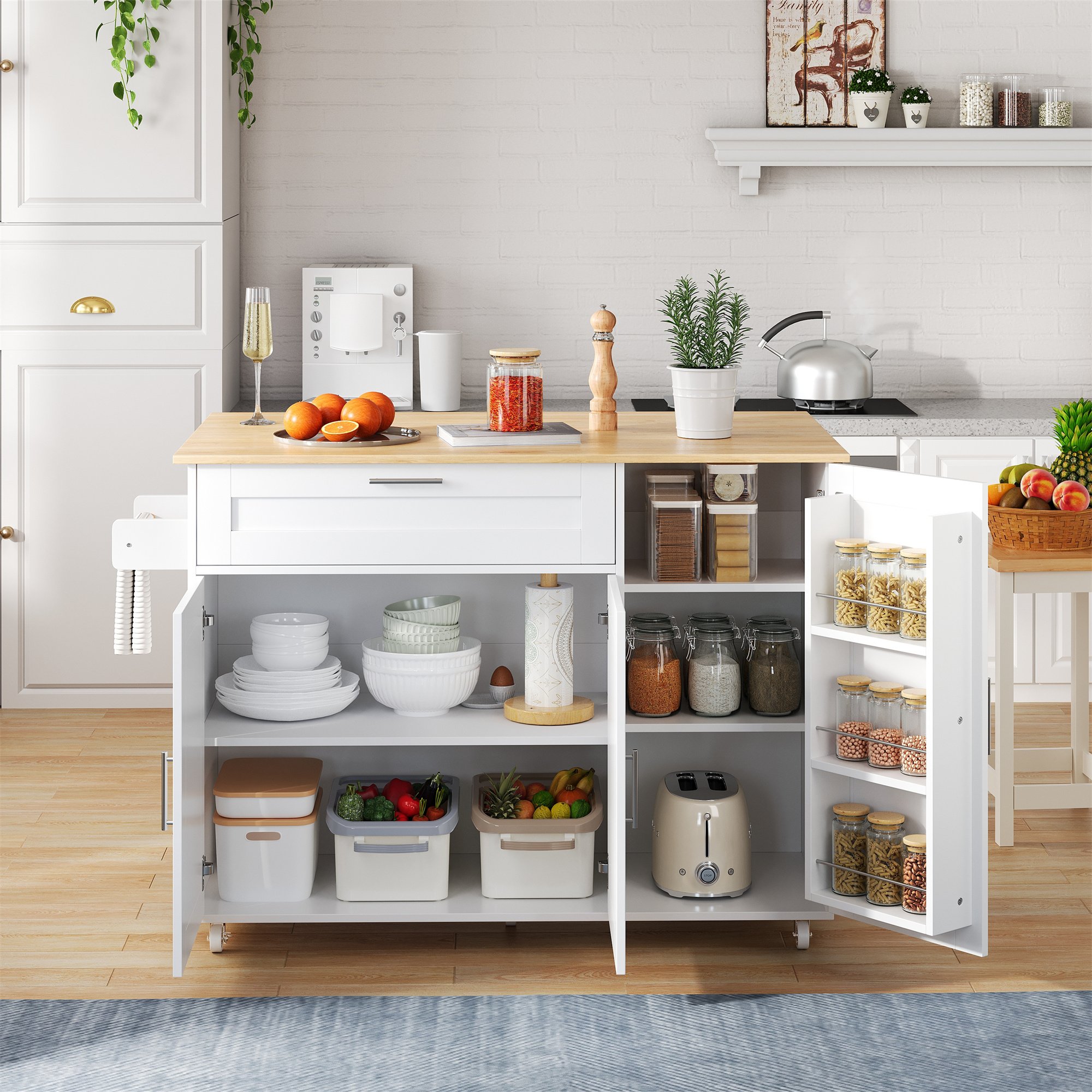 Îlot de cuisine mobile 132x44(70)x90 cm blanc et bois, plan rabattable, rangement, étagère à épices, porte-serviettes, 5 roues