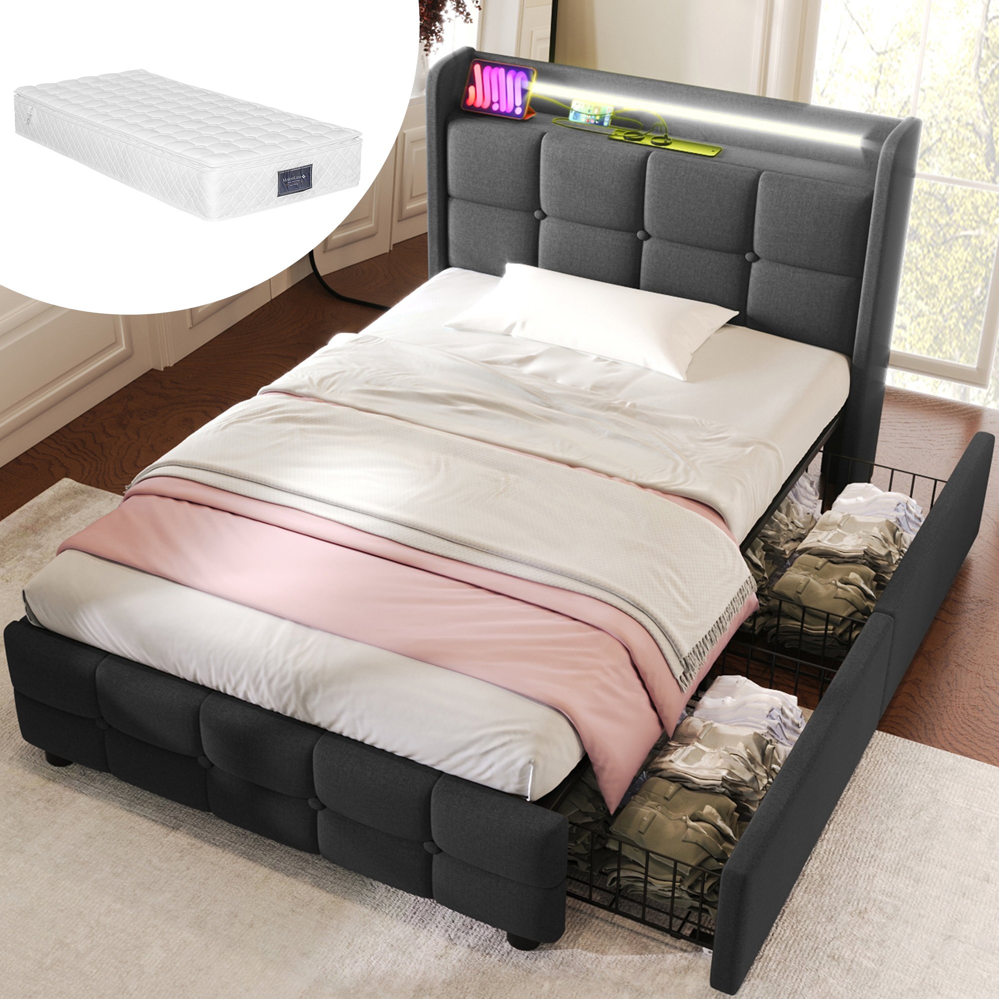 Lit coffre 90x200 en métal et tissu gris avec sommier à lattes, 2 tiroirs latéraux et LED au pied