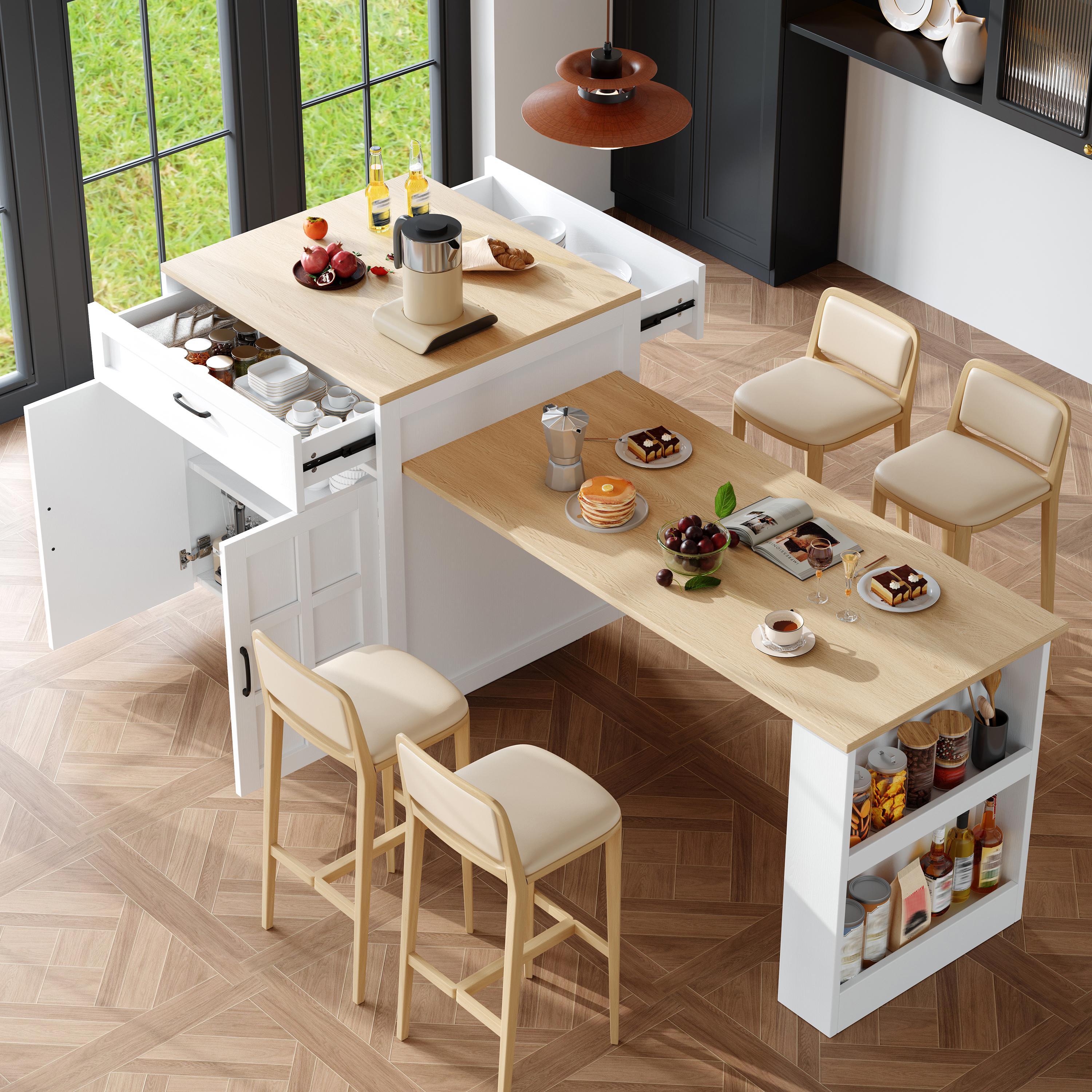 Îlot de cuisine blanc extensible avec rangement, table de bar 133-202 cm, 2 tiroirs et 4 étagères, Panneau composite de fibres de bois à densité, pour 2 à 6 personnes