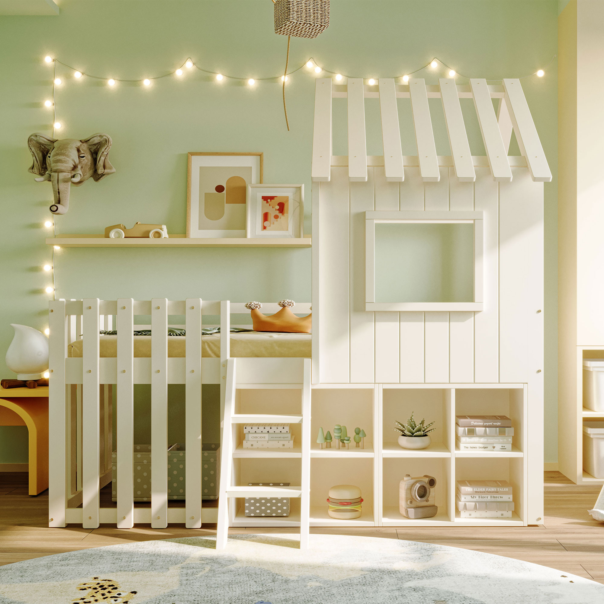 Lit cabane enfant 90x200 avec rangement, échelle et fenêtres, bois massif blanc