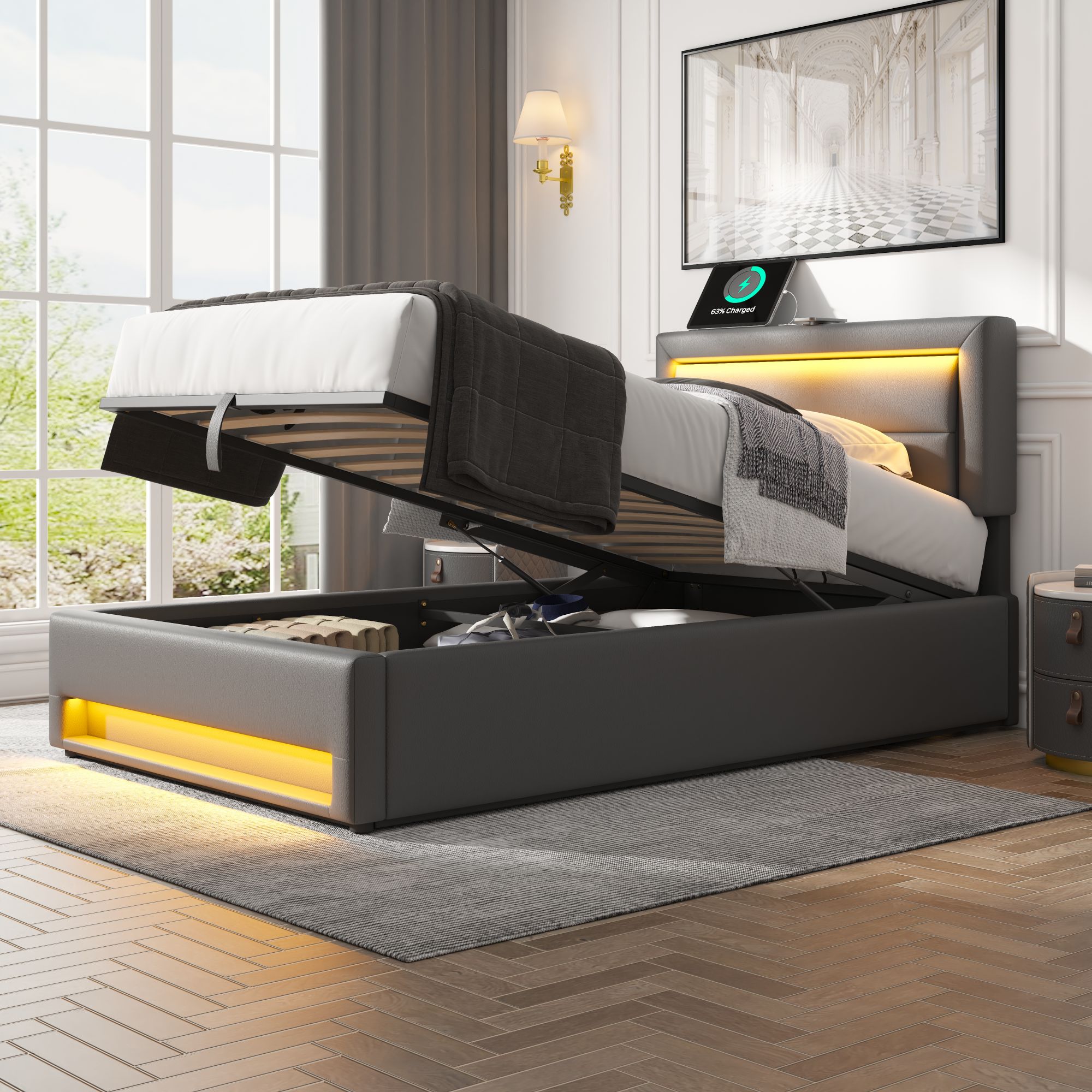 Lit coffre 90x190 gris avec LED et USB, design multifonctionnel pour chambre adulte, montage facile, revêtement PU texturé