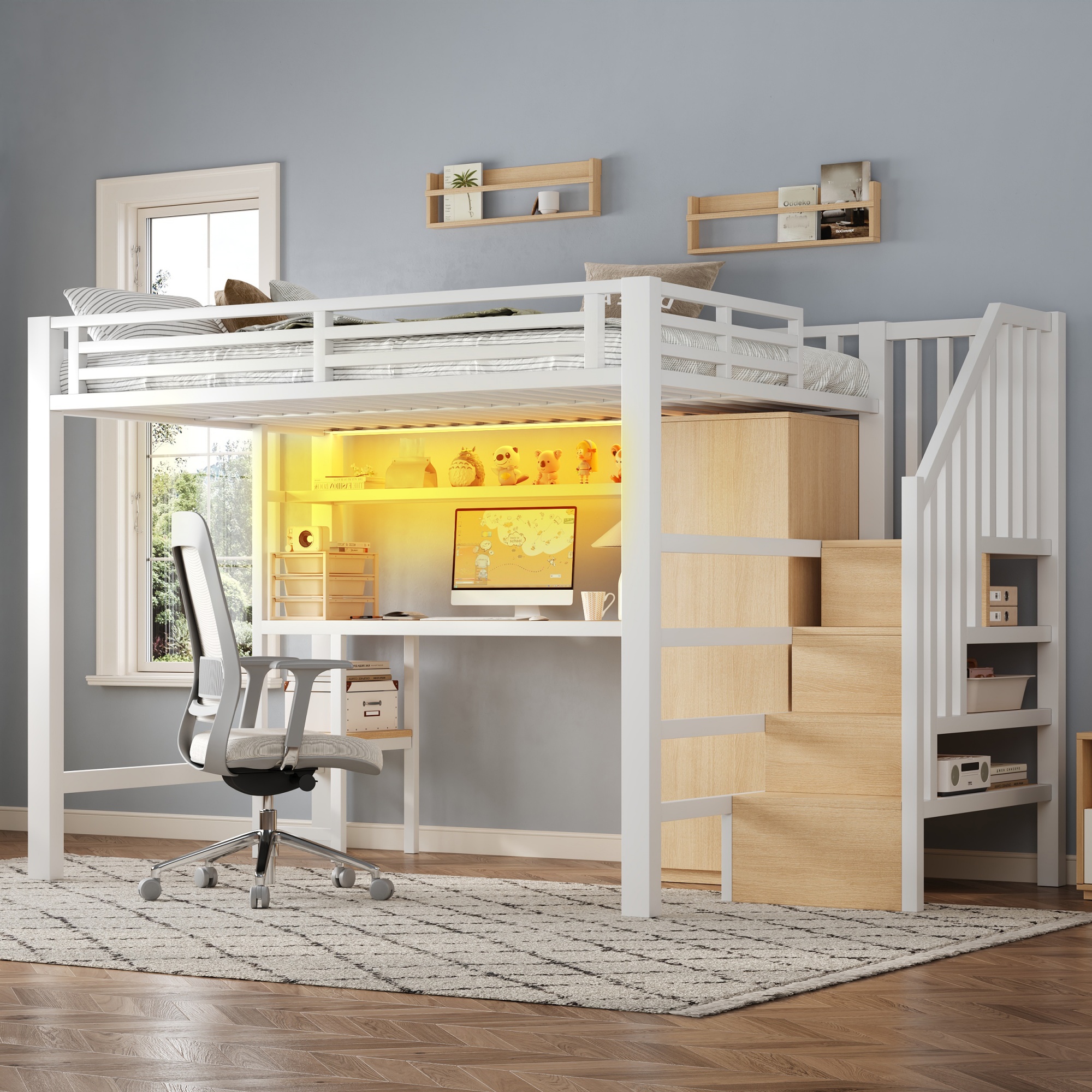 Lit mezzanine 140x200 blanc métal avec bureau, armoire, étagère et échelle de rangement