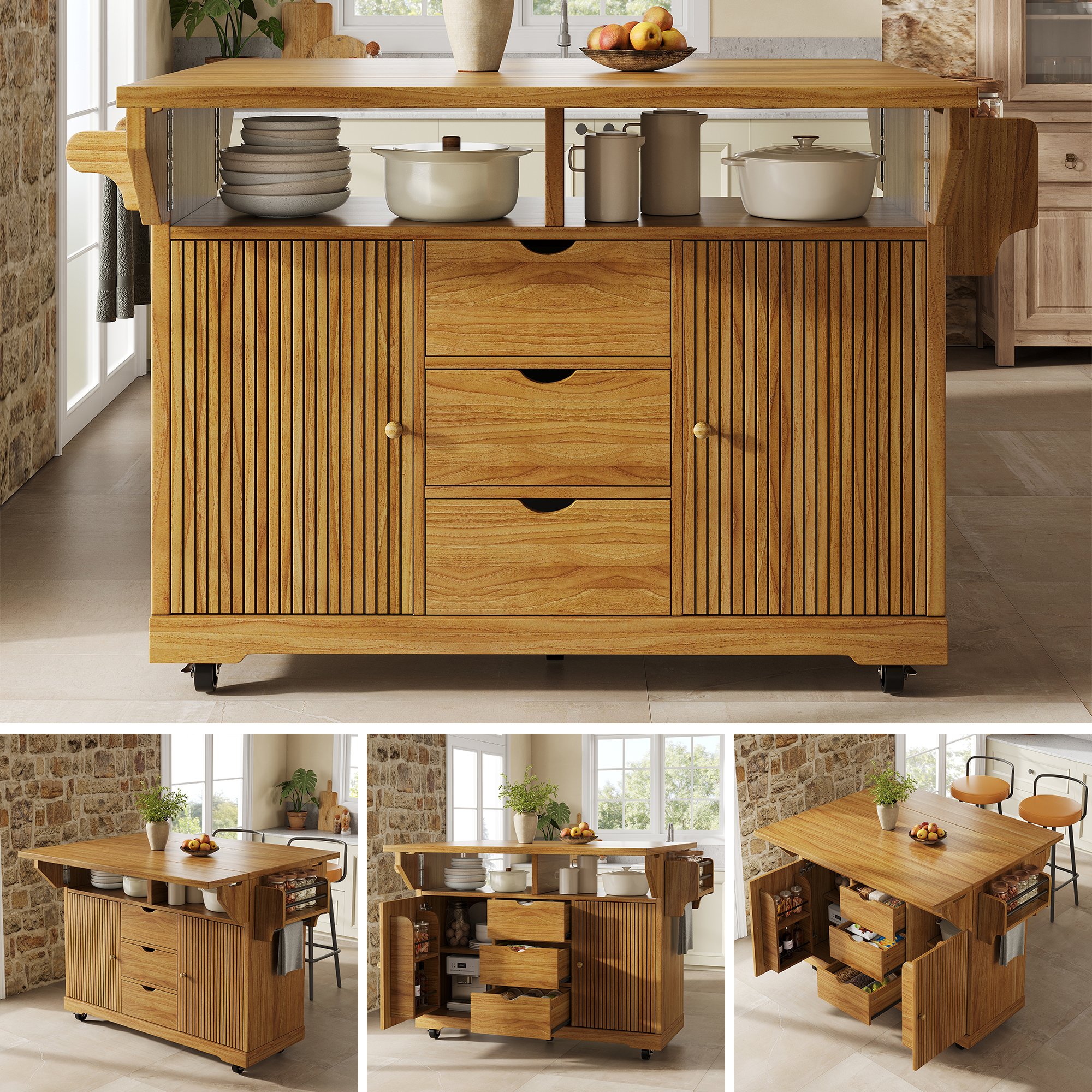 Îlot de cuisine mobile avec tiroirs, tablettes rabattables, étagères réglables, hauteur 95 cm, roulettes avec freins