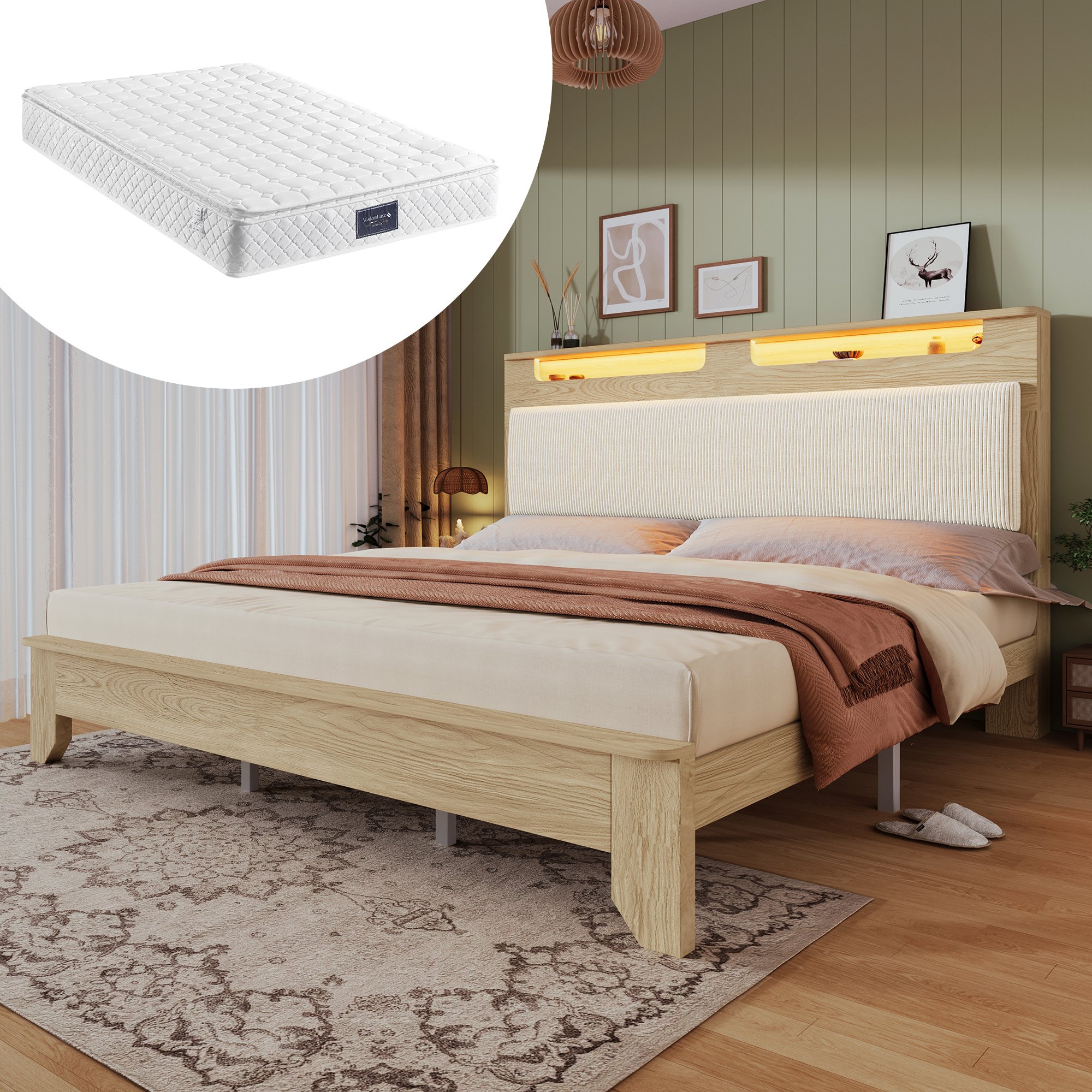 Lit coffre 140x200 structure bois clair et tête de lit capitonnée corduroy beige, sommier à lattes et LED