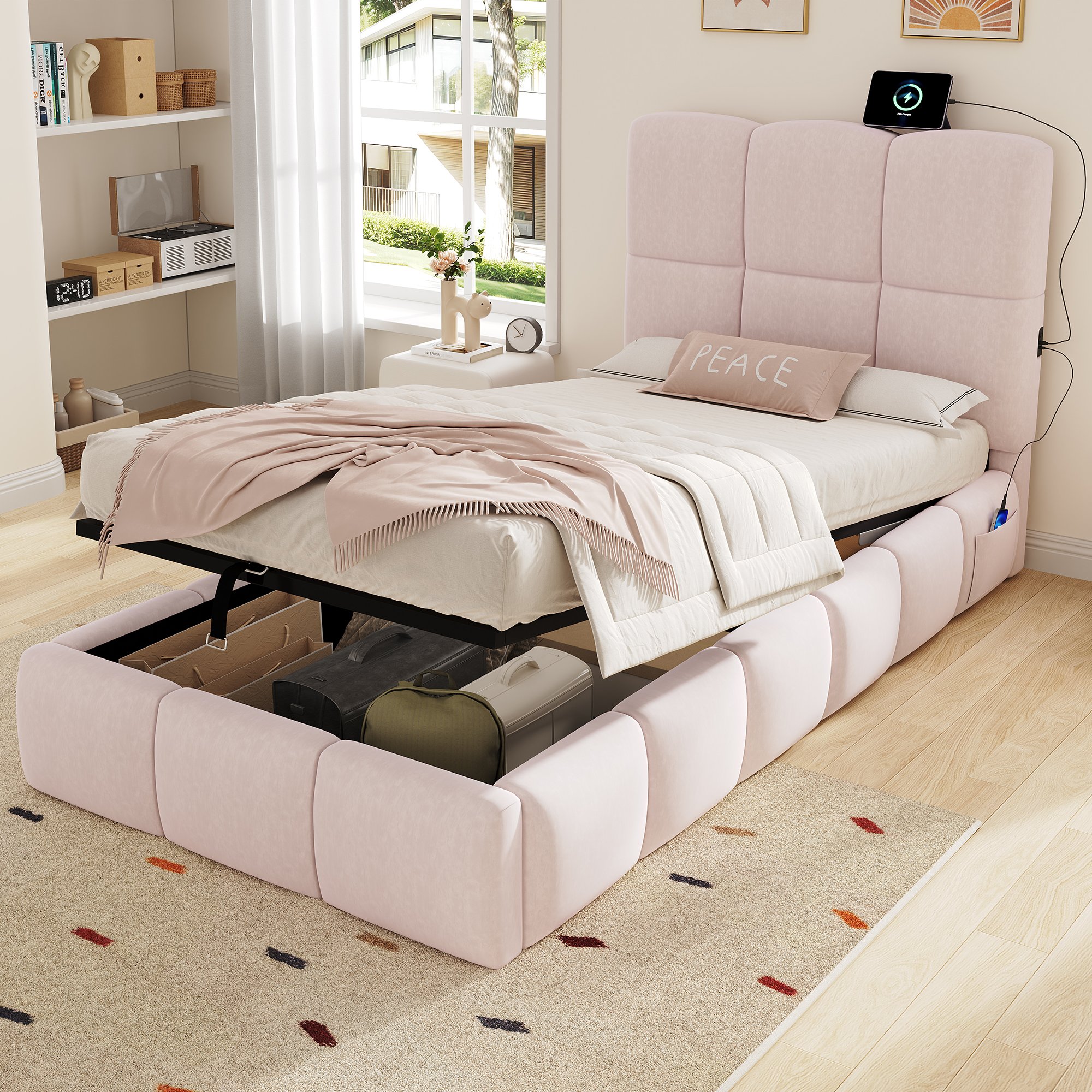 Lit coffre simple 90x200 velours rose avec port USB Type-C, idéal chambre d'enfant fille, rangement caché hydraulique