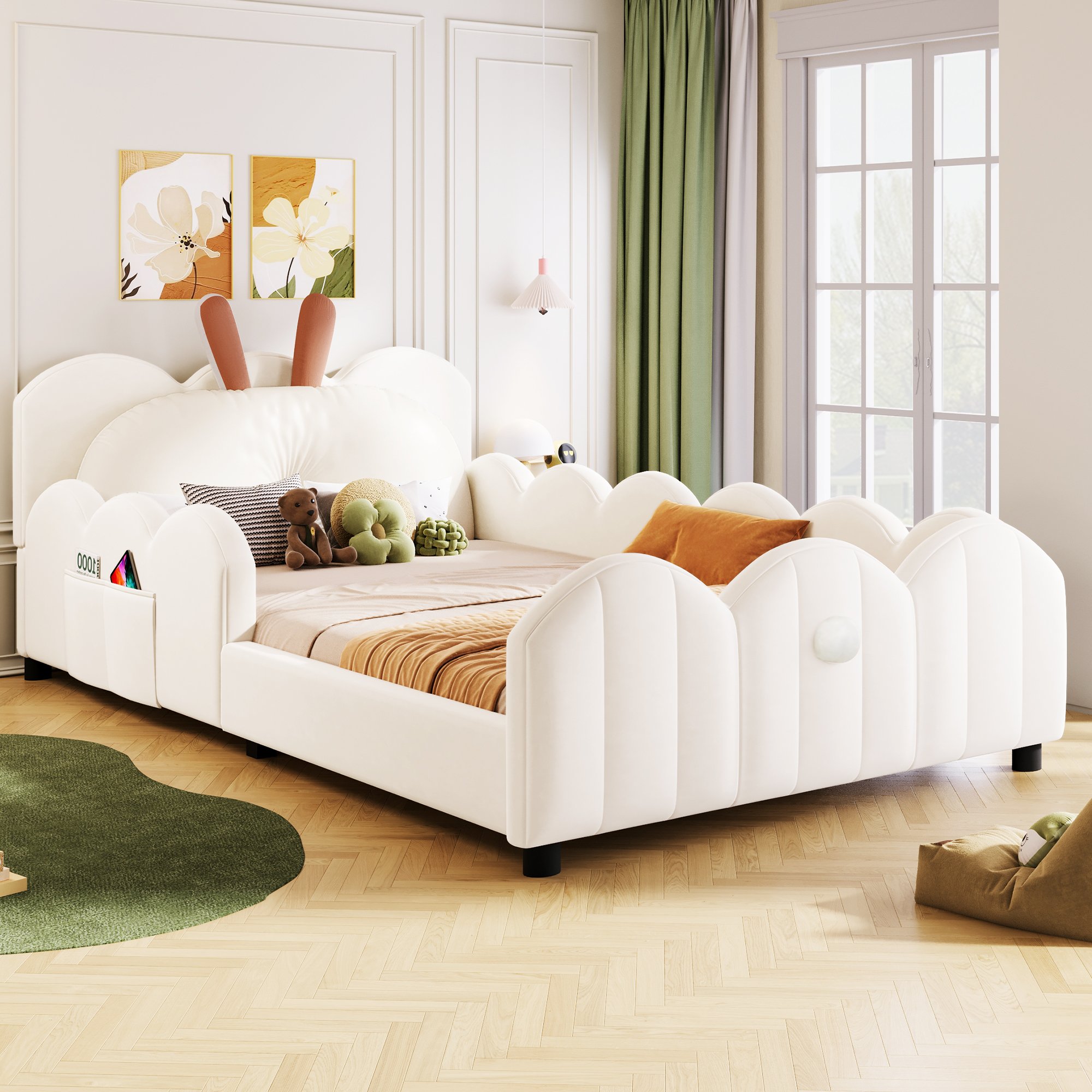 Lit plateforme rembourré avec barrières de sécurité et tête de lit lapin, 90x200 beige