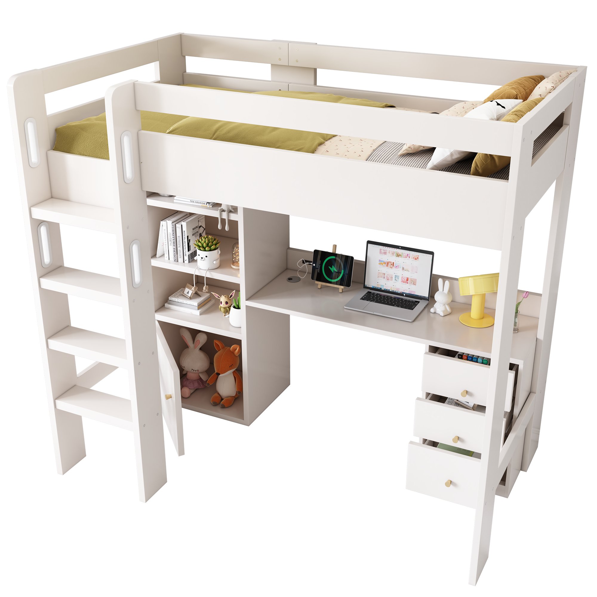 Lit mezzanine enfant avec bureau ergonomique USB Type-C, rangement complet armoire et tiroirs, structure stable 1 place