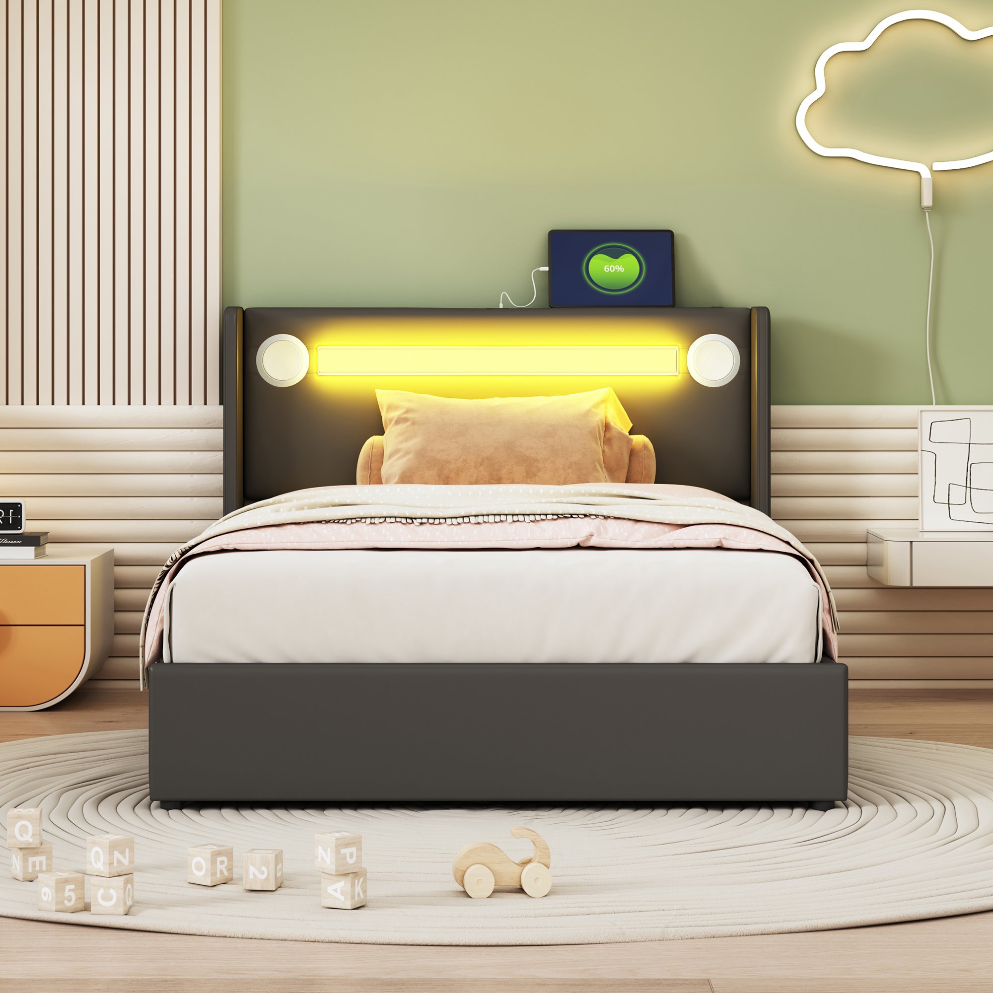 Lit coffre 90x200 en cuir PU, structure Panneau composite de fibres de bois à densité et métal, avec rangement