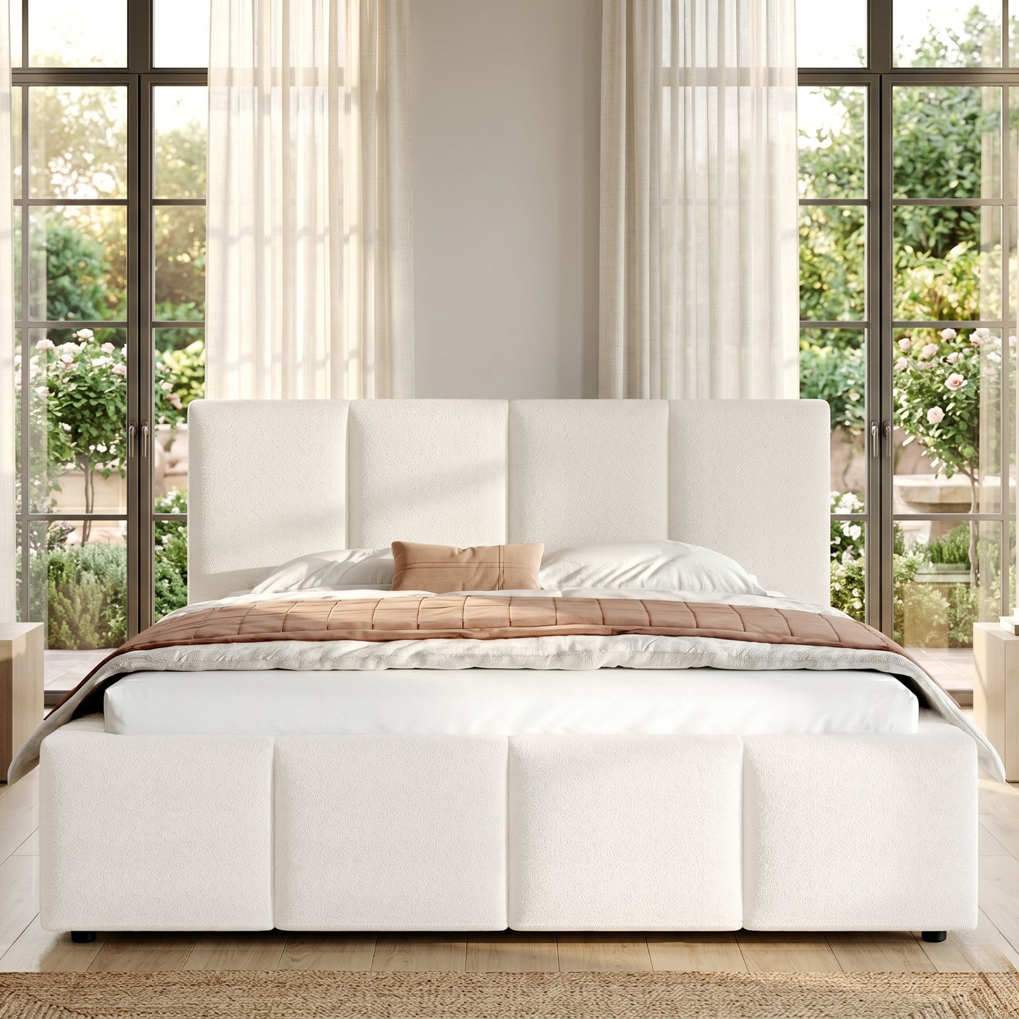 Lit double rembourré 160x200 bouclé beige, tête de lit sécurisée fermée, structure stable pour matelas standard, montage facile
