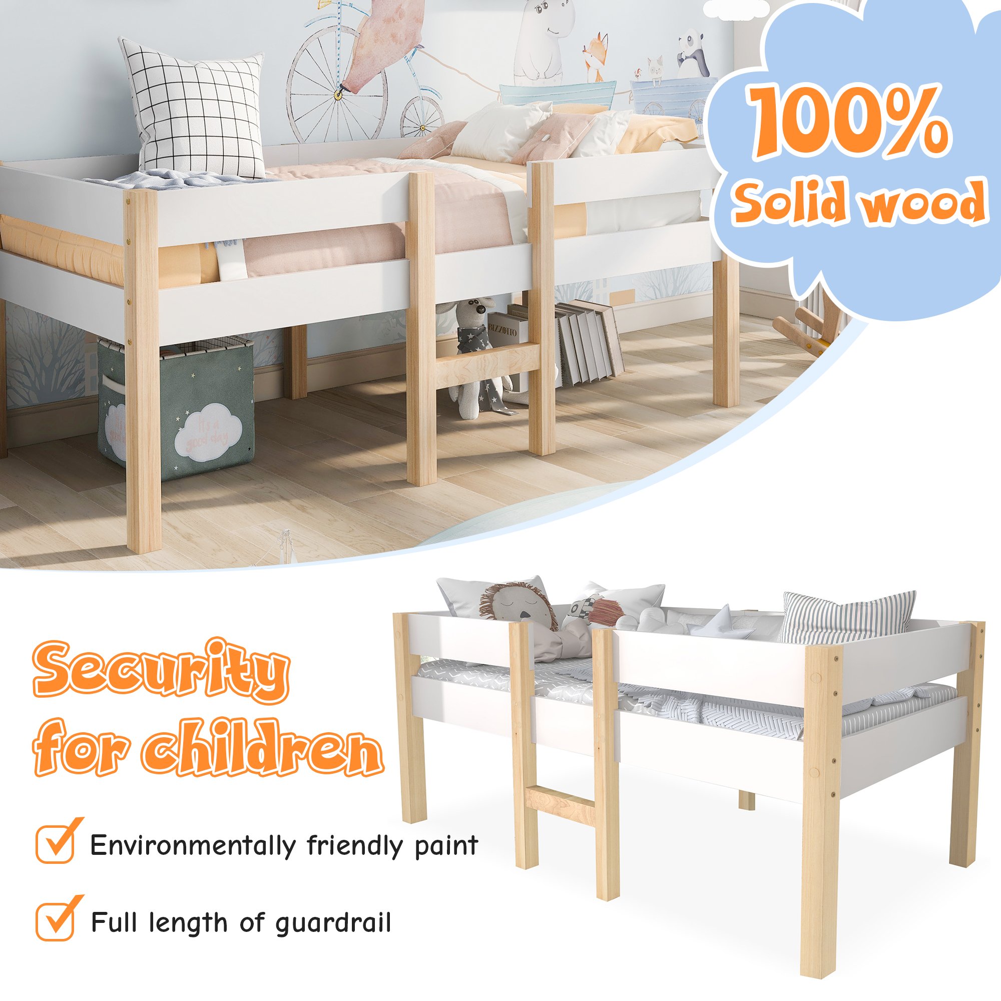 Lit mezzanine enfant 90x200 pin massif blanc avec barrière de sécurité et échelle, lit mi-hauteur avec sommier à lattes