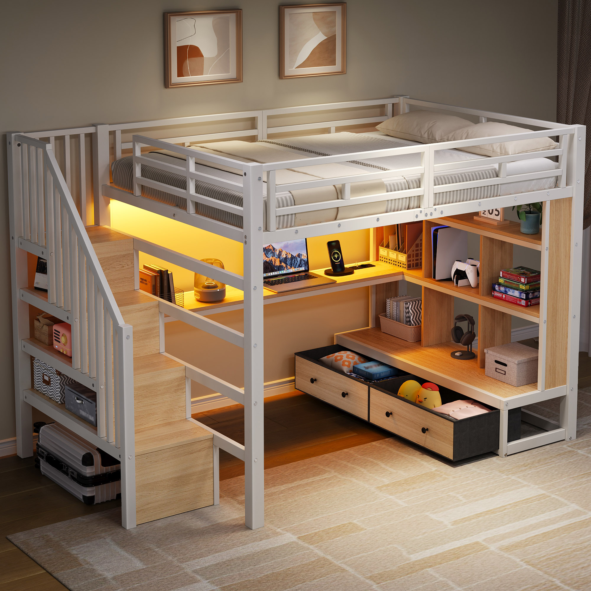 Lit mezzanine 140x200 blanc métal avec bureau, étagères, tiroirs et échelle