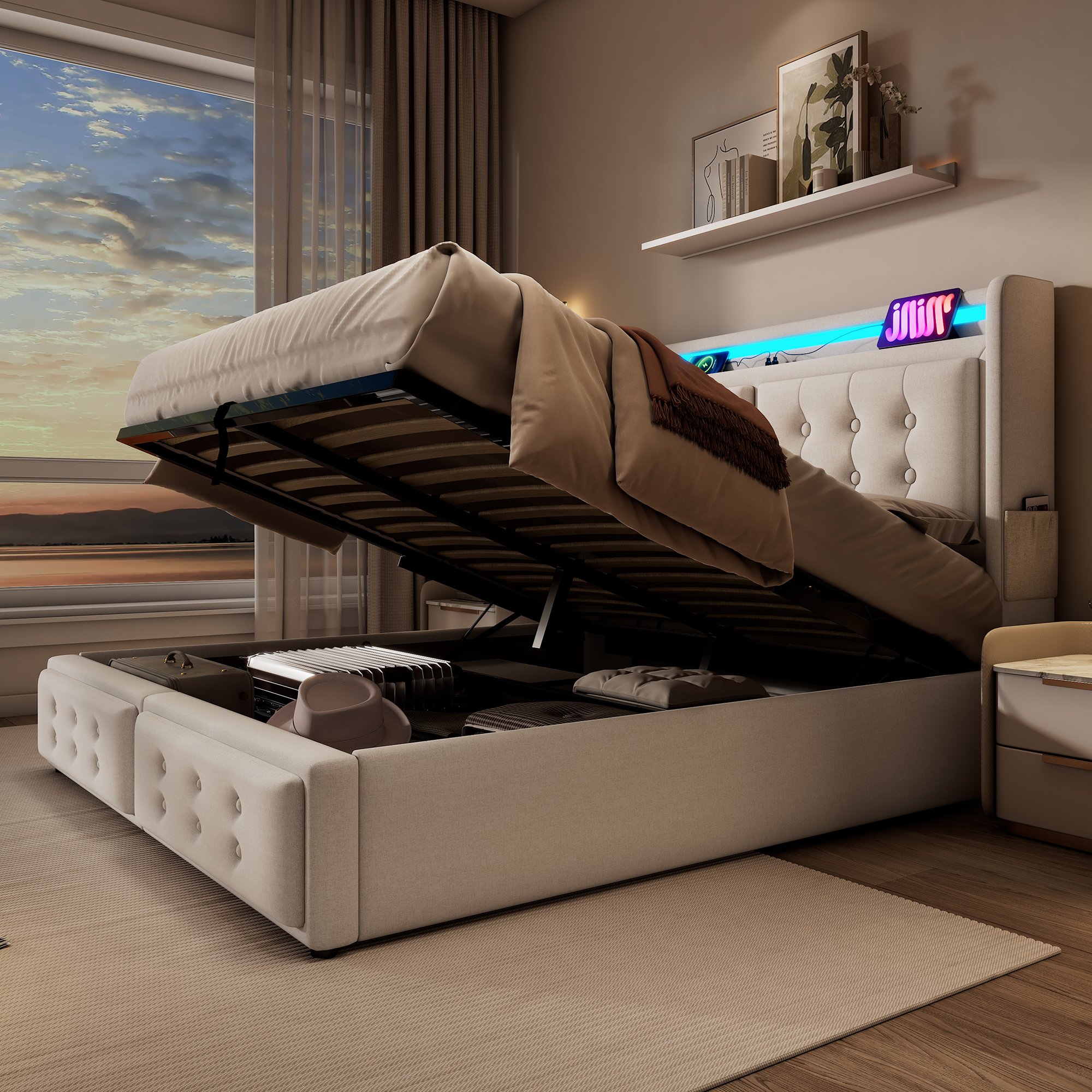 lit coffre 160x200 en tissu coton lin beige avec cadre métallique et bois, rangement sous matelas et tête de lit rembourrée