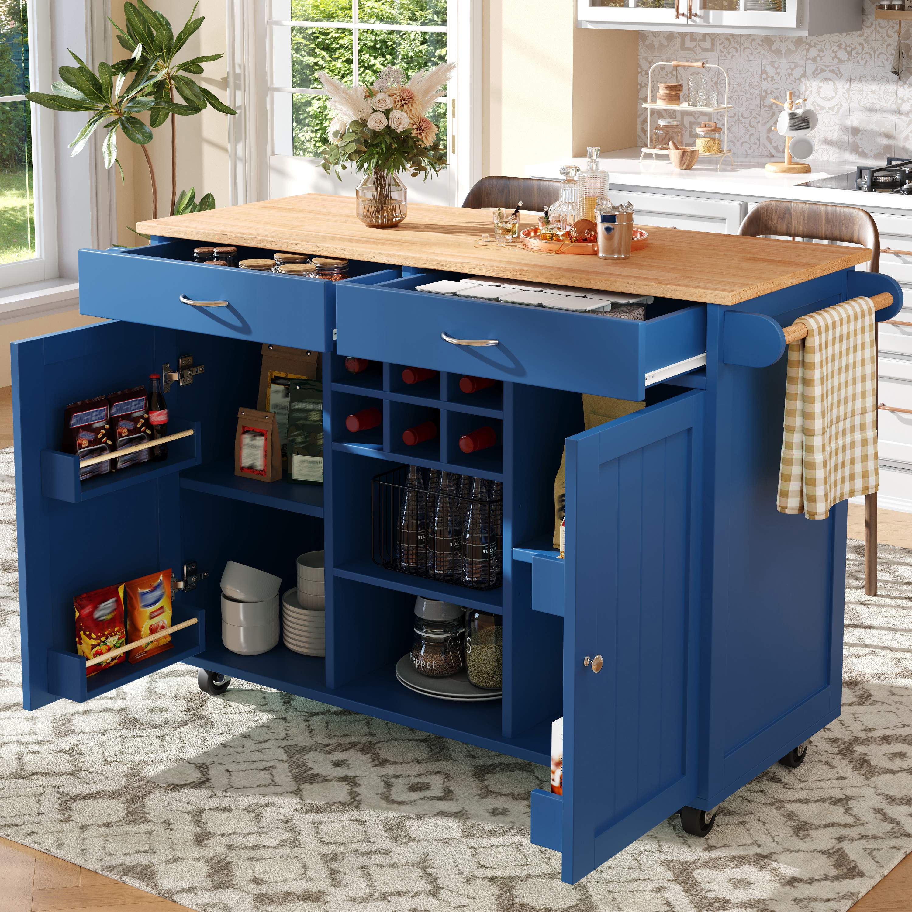 Îlot de cuisine bleu 102x45x92 cm avec rangement, roulettes 360° et plan de travail en bois, meuble de cuisine multifonction