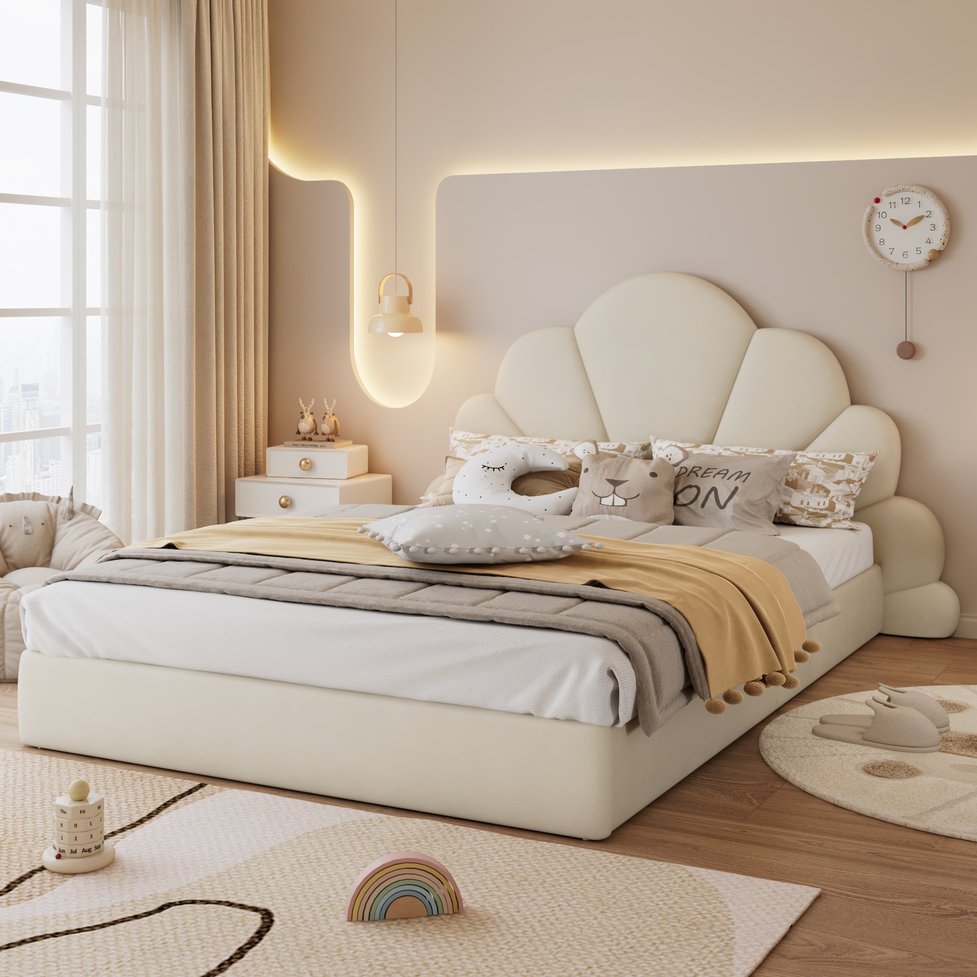 Lit rembourré 140x200 en velours beige avec tête de lit fleurie et sommier à lattes