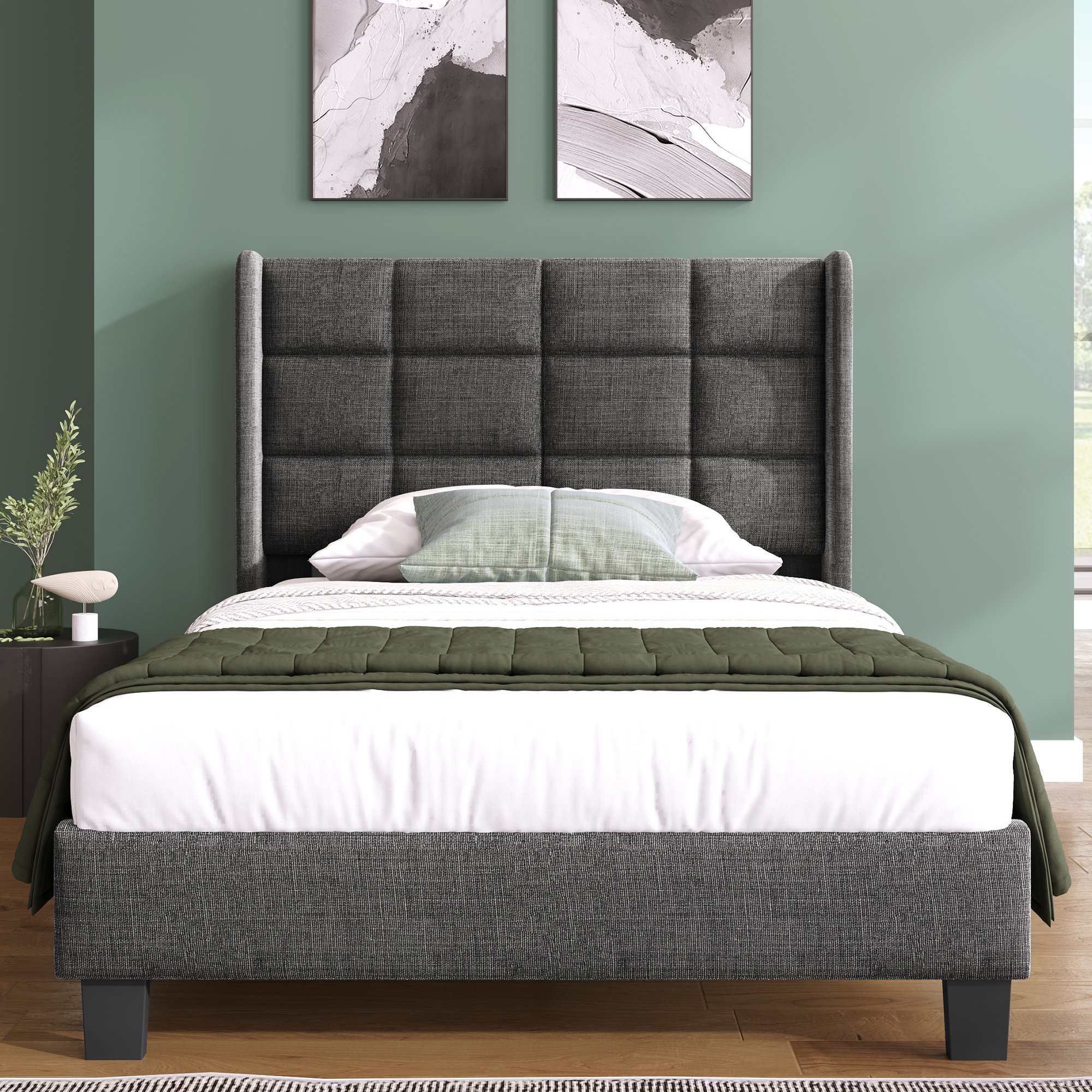 Lit simple rembourré 90x200 tissu lin gris avec structure acier renforcée et pieds noirs design