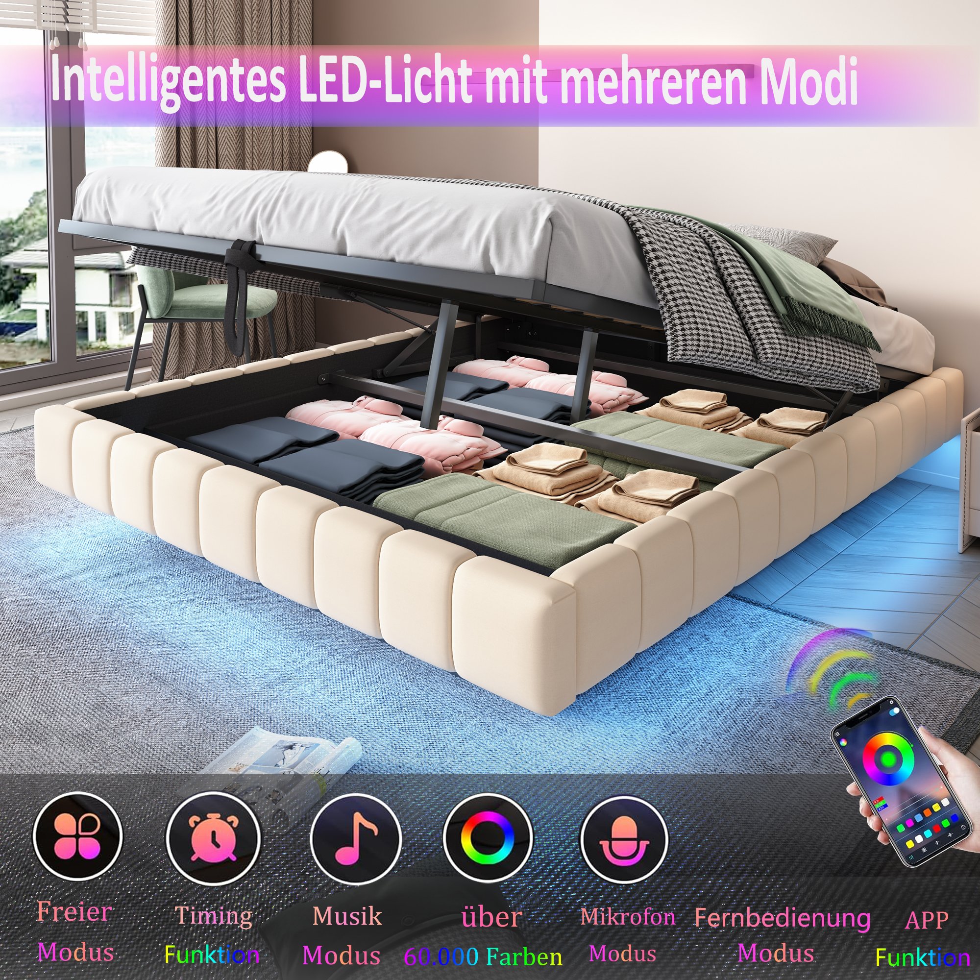 Lit coffre 160x200 cm avec rangement hydraulique, LED et sommier à lattes, beige