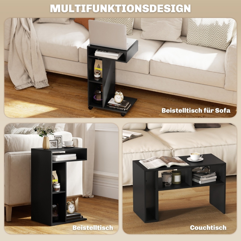 Table d'appoint roulante avec 3 étagères et freins, en bois noir, 40x30x69 cm, pour canapé et lit, rangement pratique