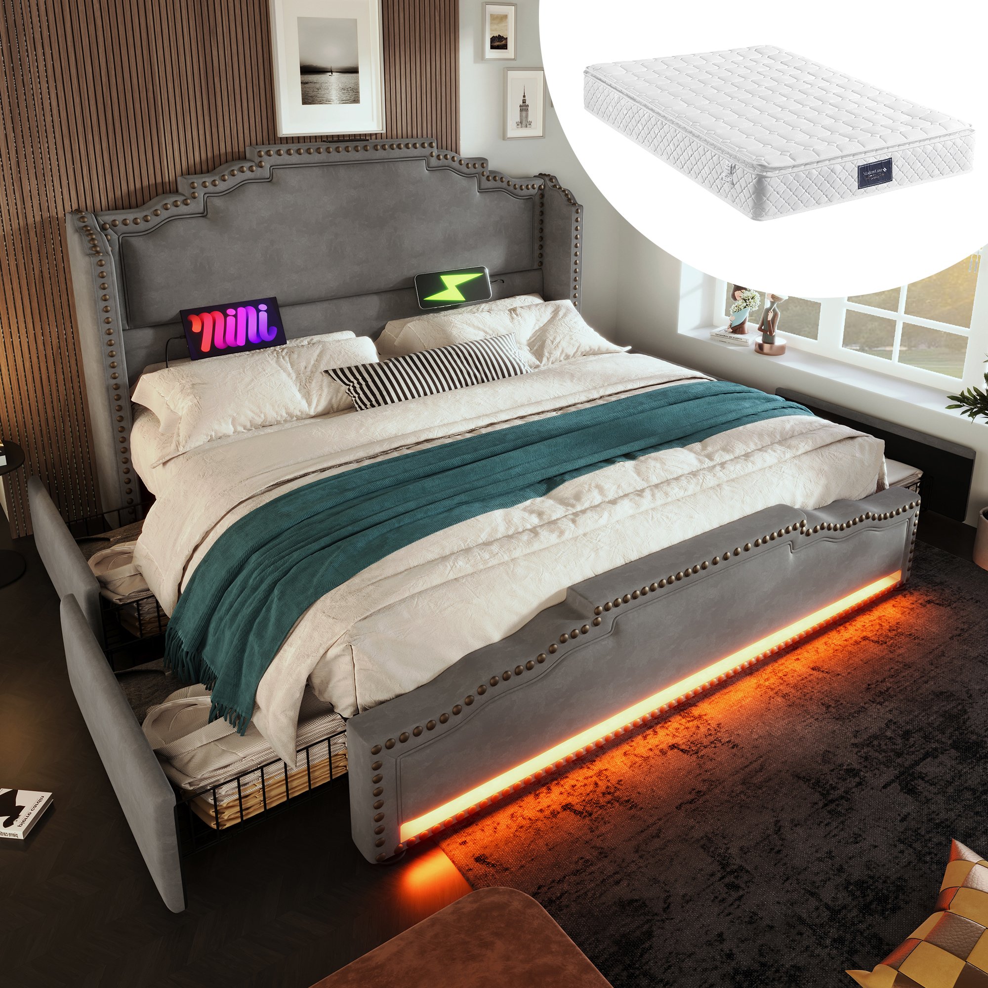 lit coffre 140x200 en métal et velours gris avec tête de lit capitonnée et sommier à lattes