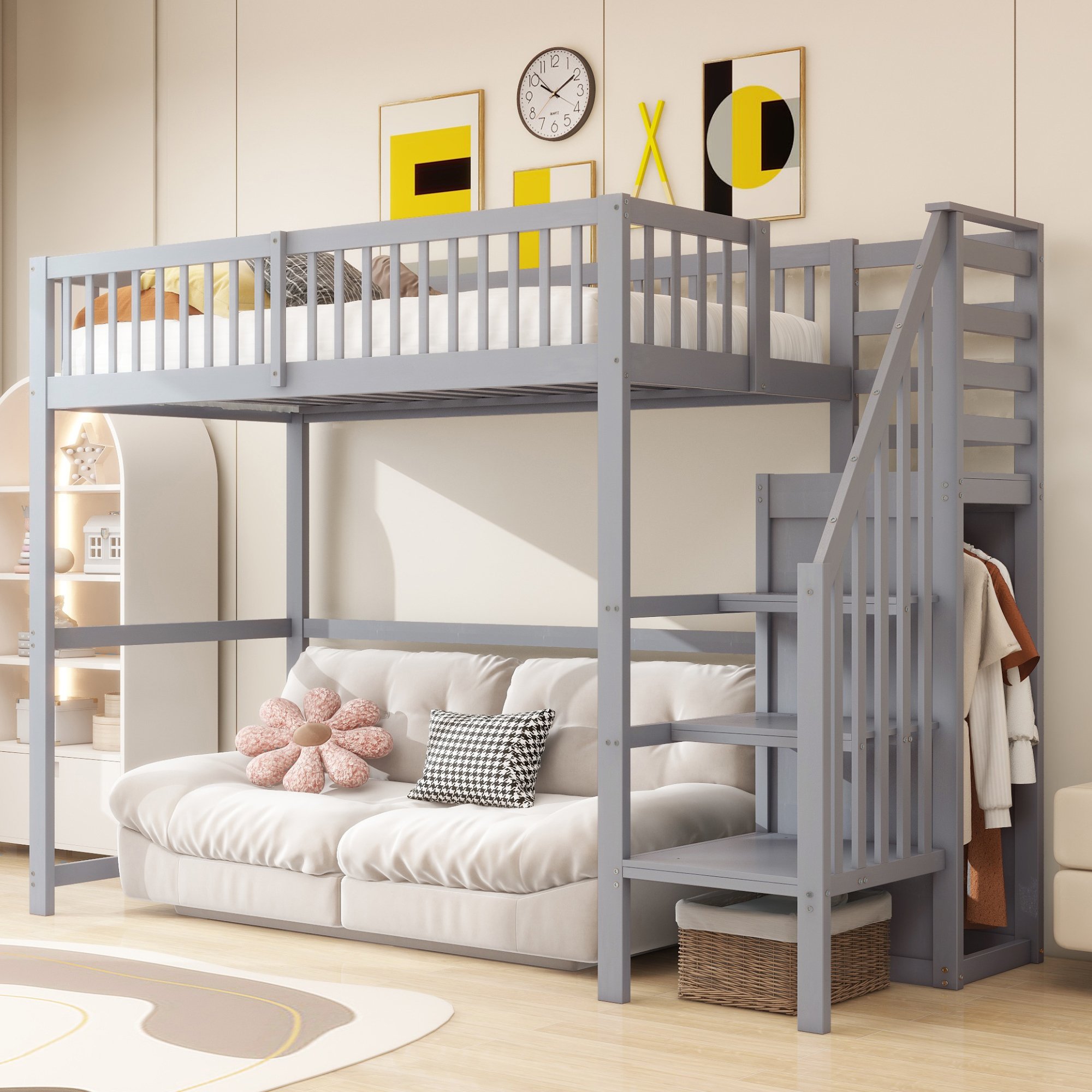 Lit mezzanine 90x200 avec escalier et rangement, lit enfant en bois gris avec placard
