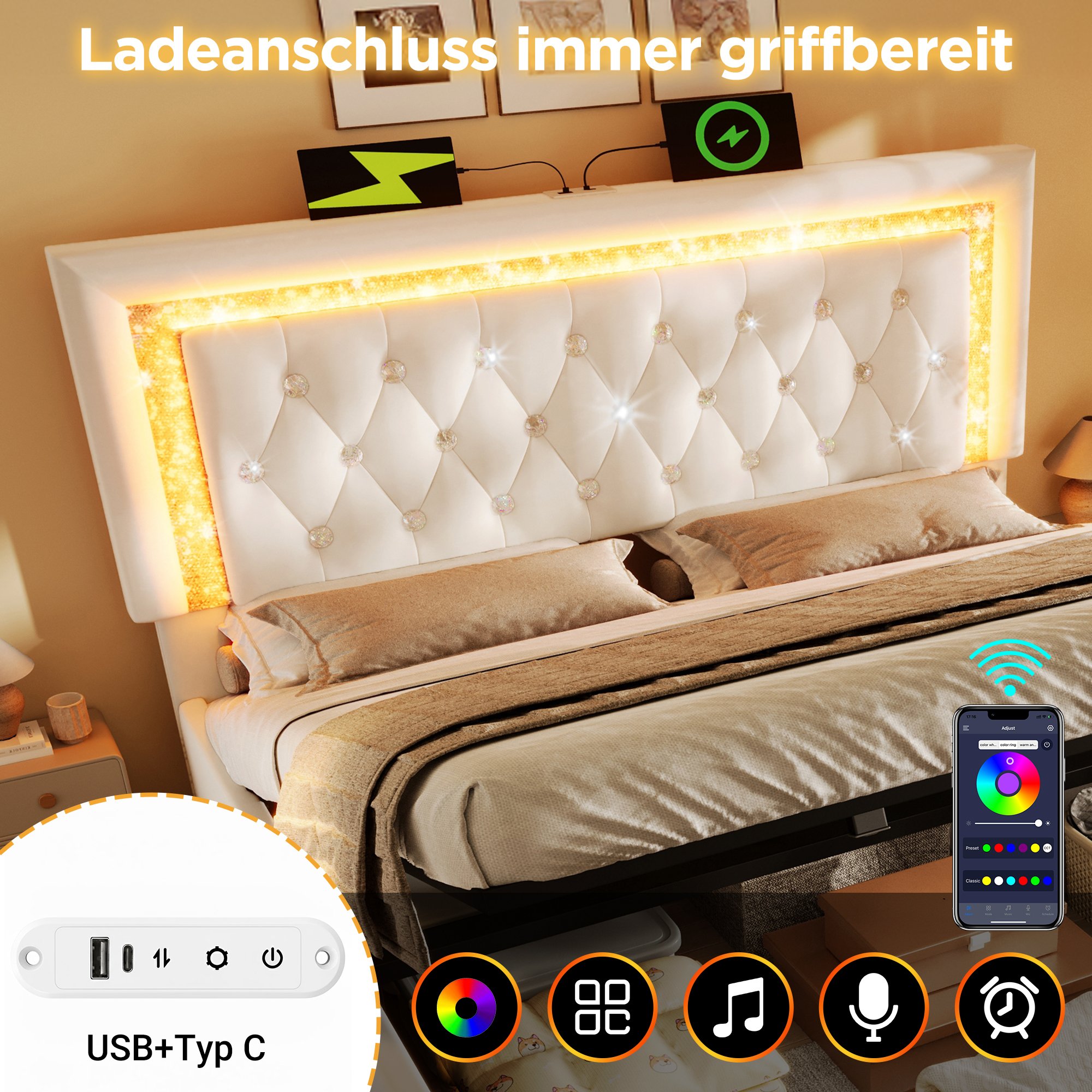 lit coffre double LED musicale USB Type-C, rangement hydraulique facile, structure stable et silencieuse