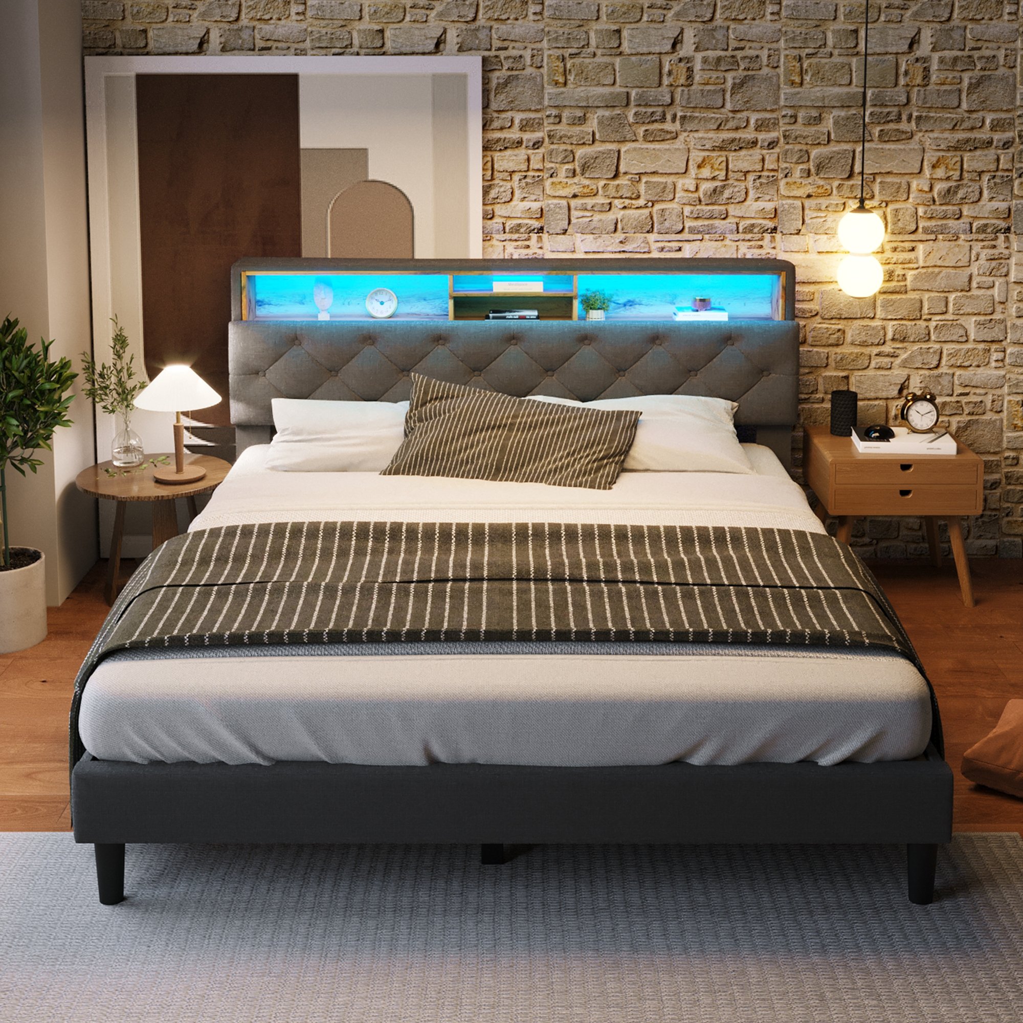 lit coffre double 140x200 avec rangement tête de lit rembourrée et LED musicale intégrée gris bois massif